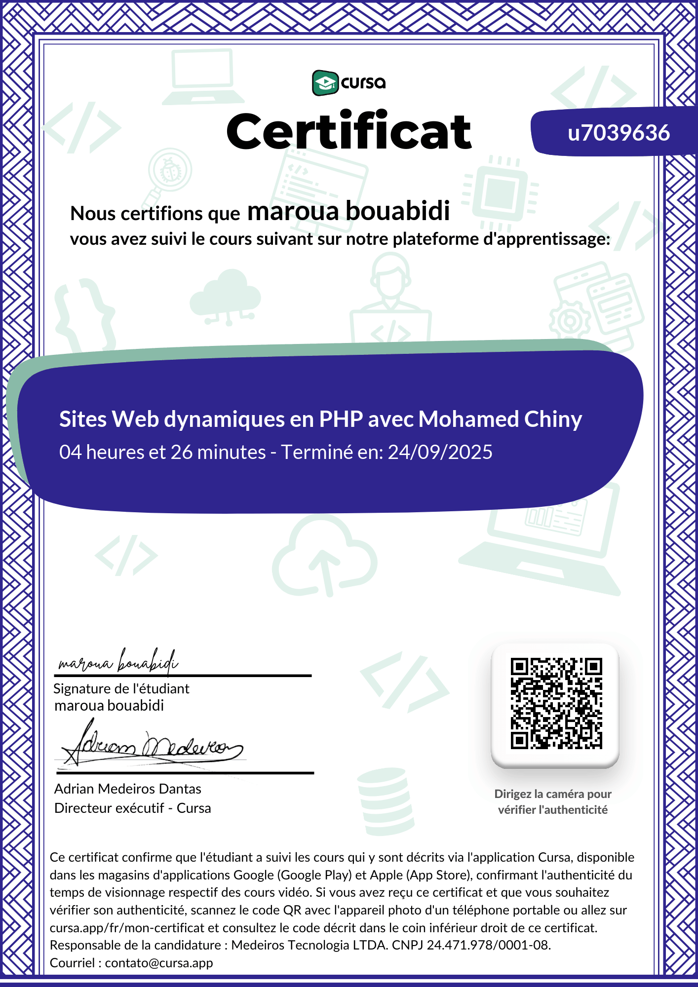 Image de mon certificat de fin de cours gratuit.