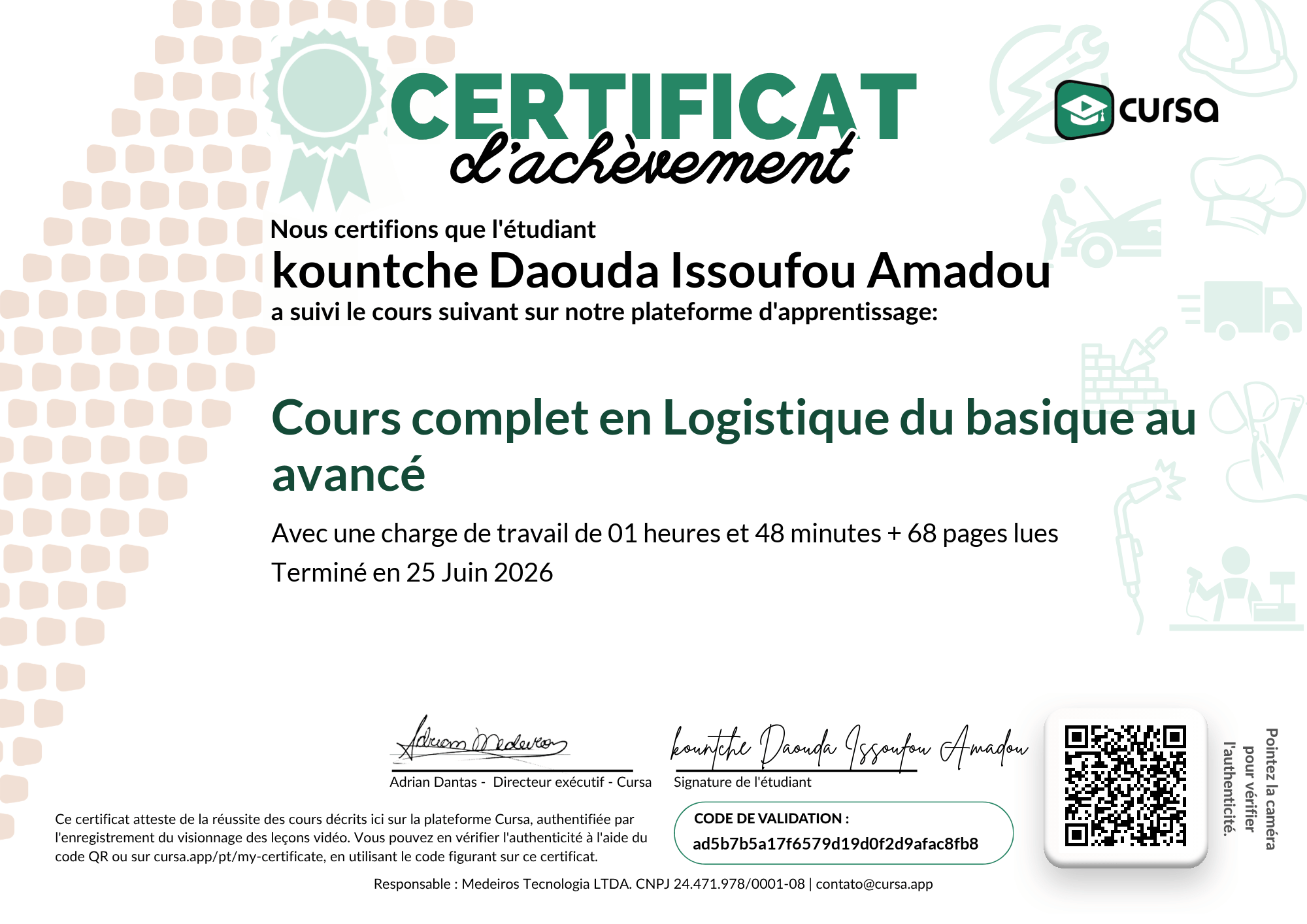 Image de mon certificat de fin de cours gratuit.