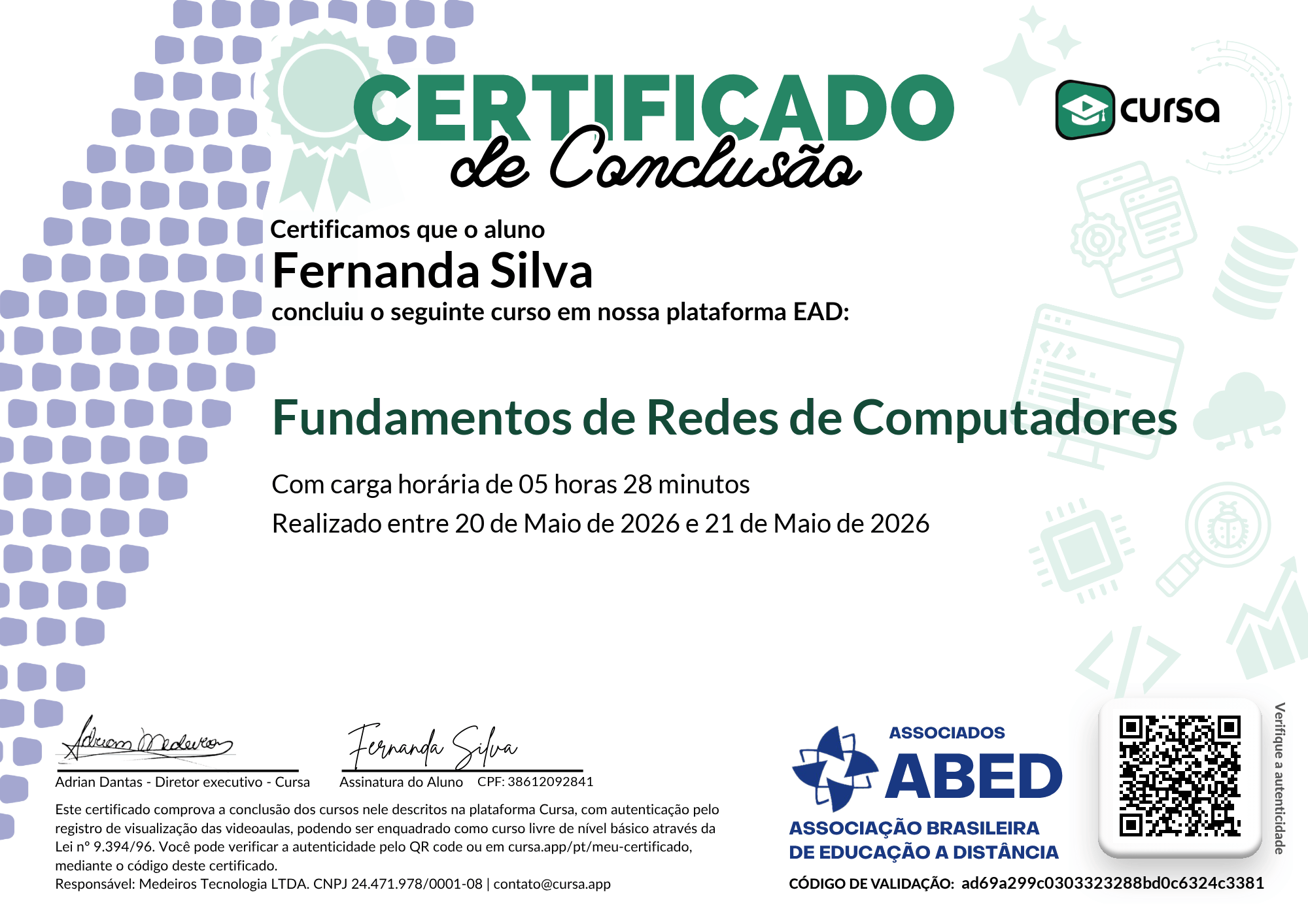 Imagem do meu Certificado gratuito de conclusão de curso.
