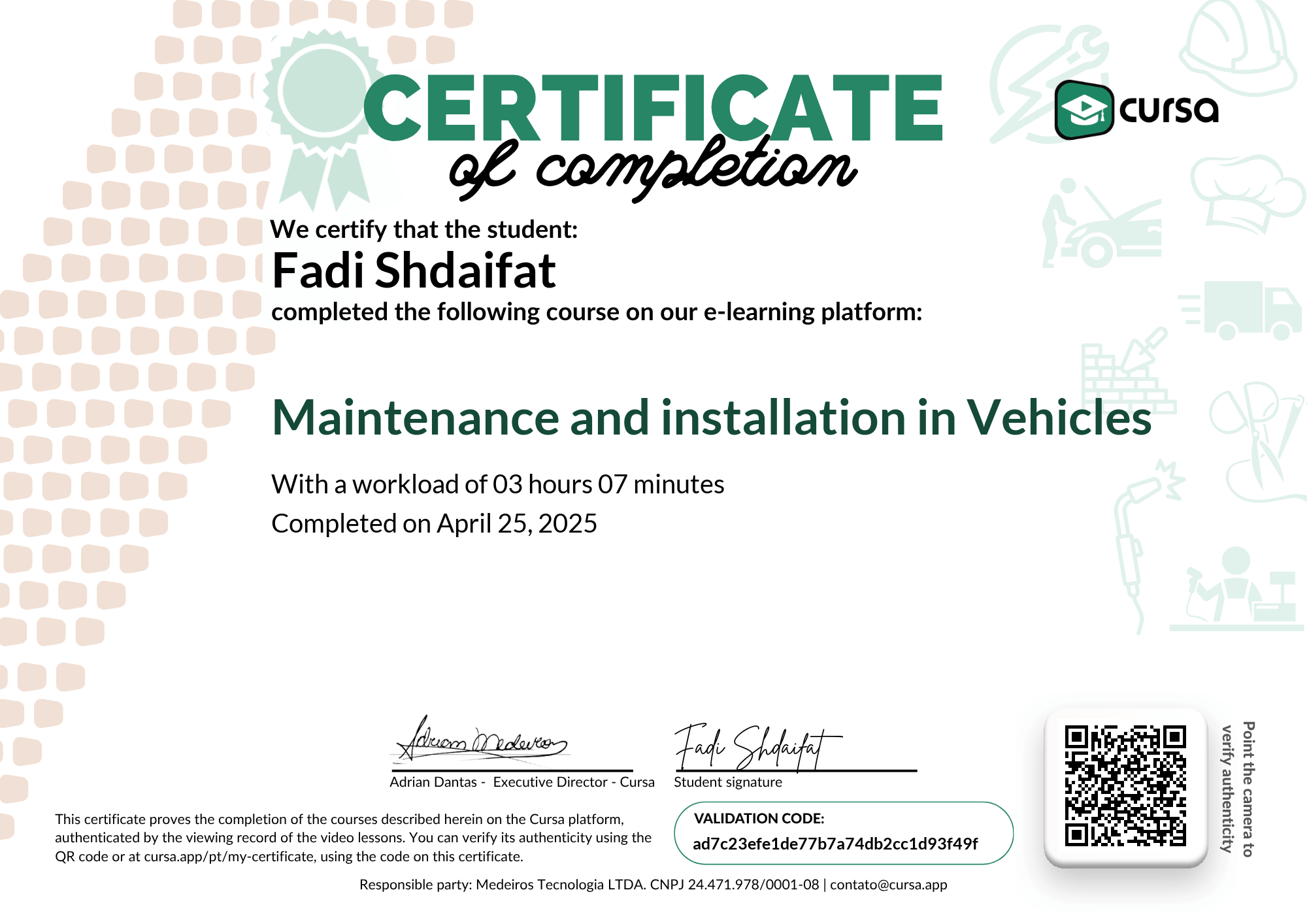 Image of my free Course Completion Certificate.