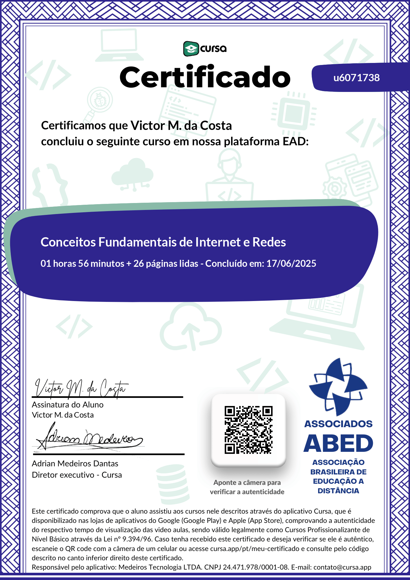 Imagem do meu Certificado gratuito de conclusão de curso.