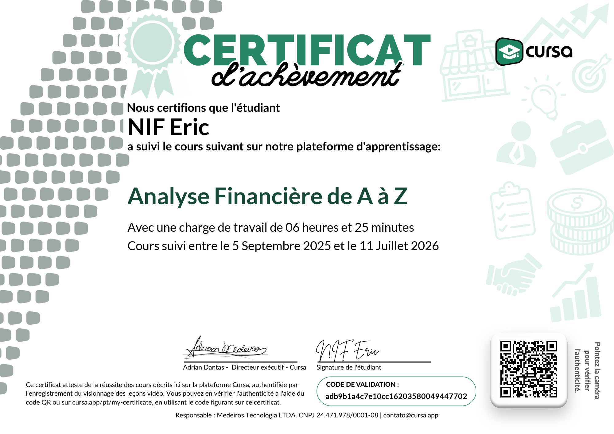 Image de mon certificat de fin de cours gratuit.