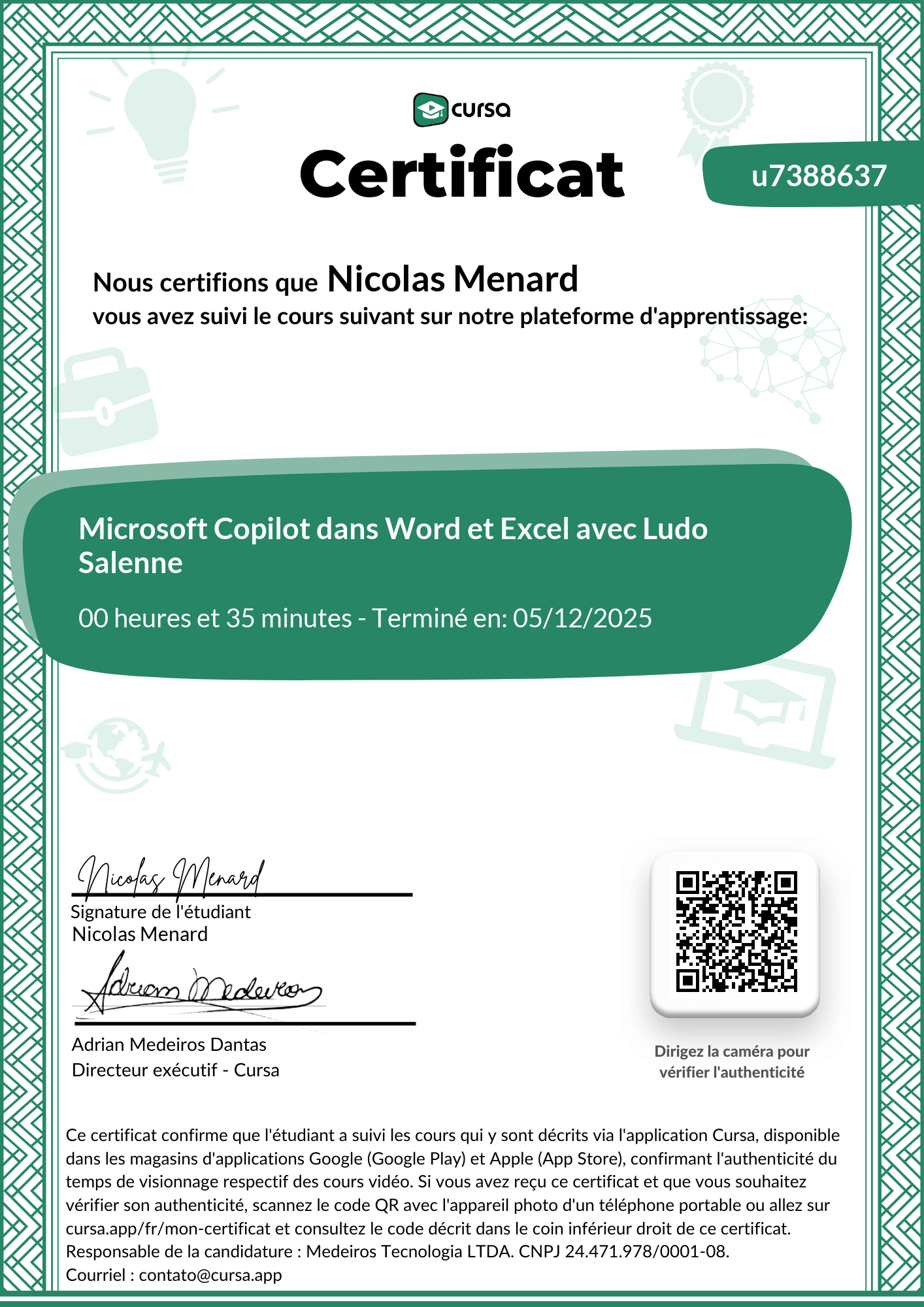 Image de mon certificat de fin de cours gratuit.