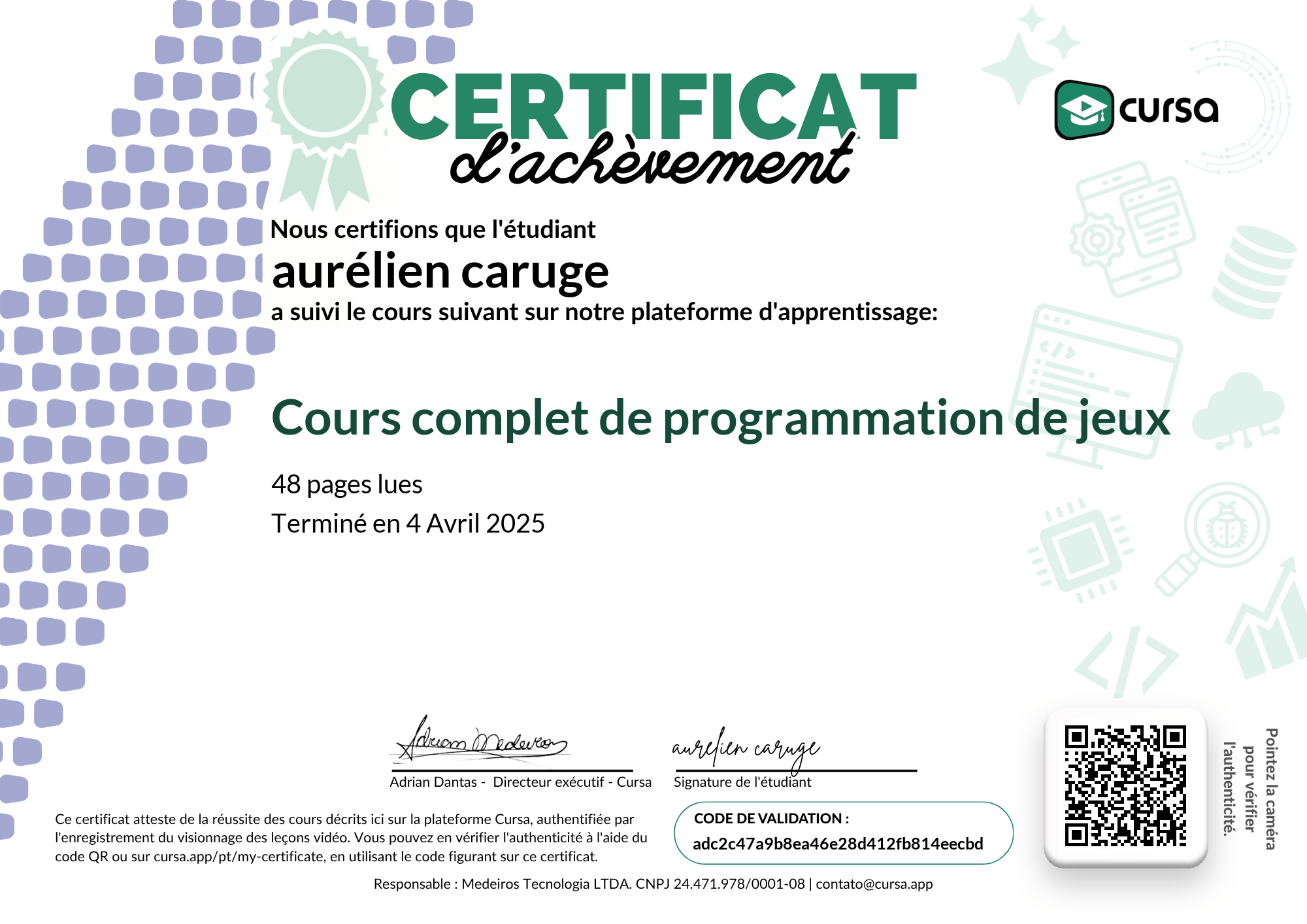 Image de mon certificat de fin de cours gratuit.
