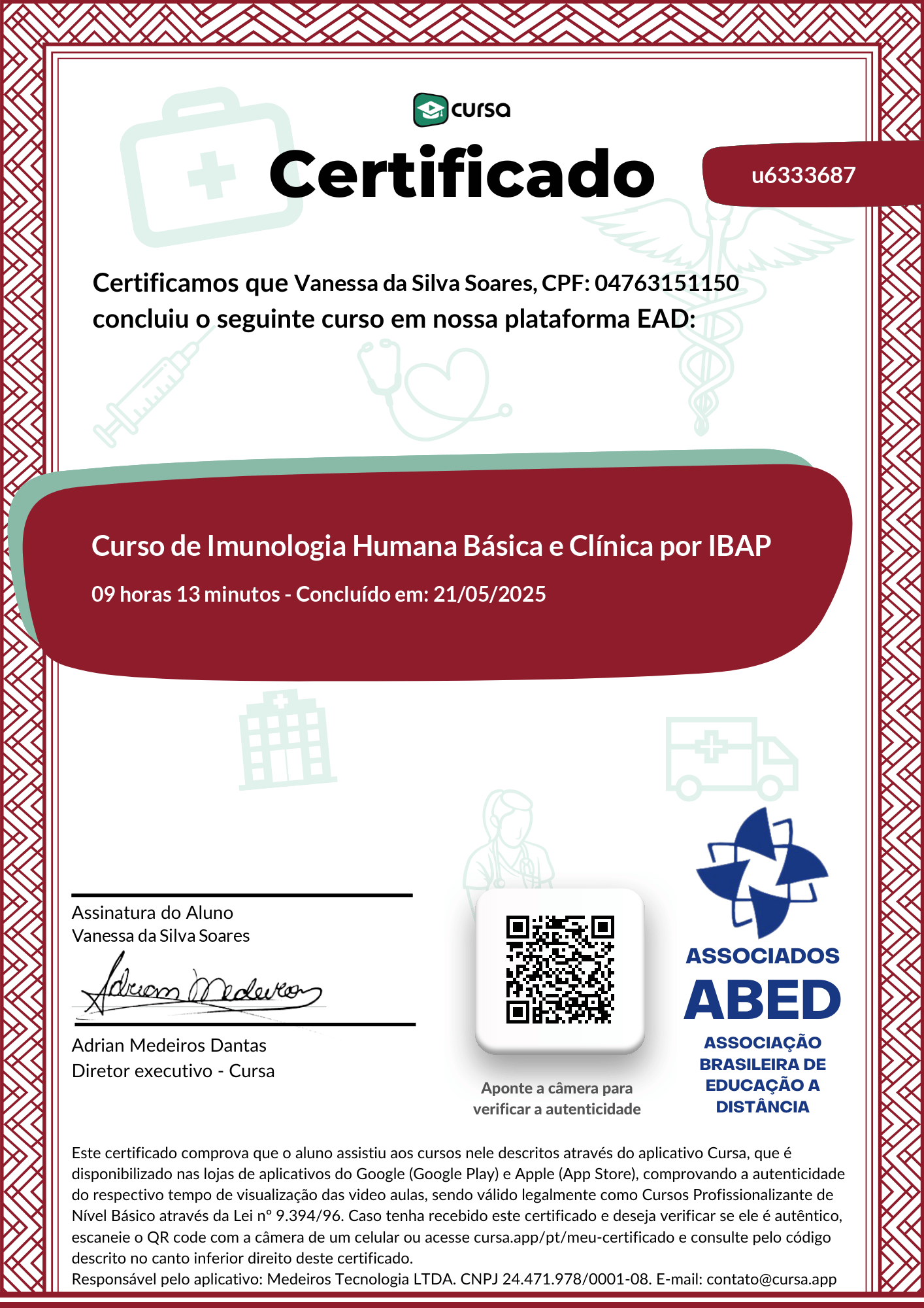 Imagem do meu Certificado gratuito de conclusão de curso.