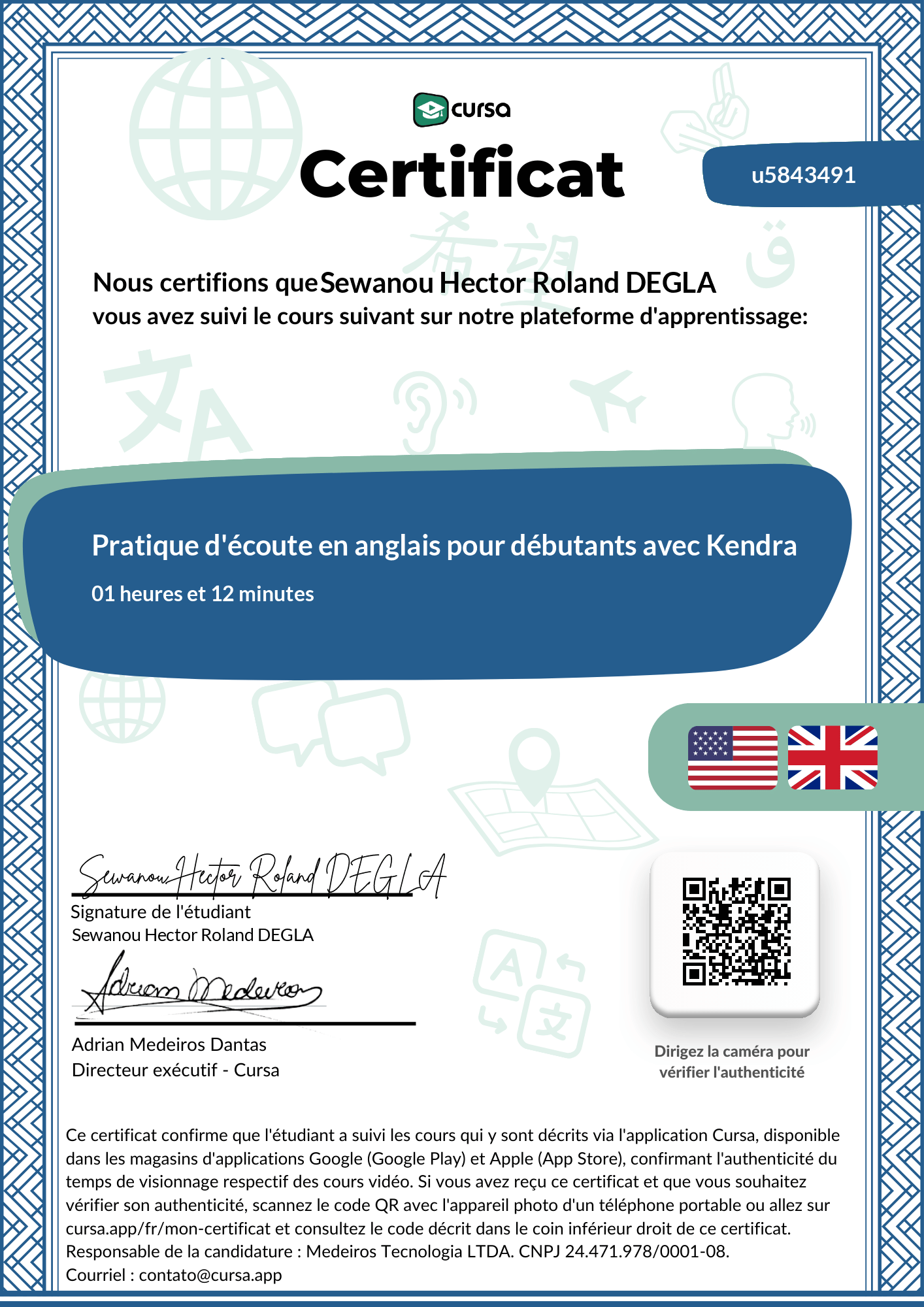 Image de mon certificat de fin de cours gratuit.