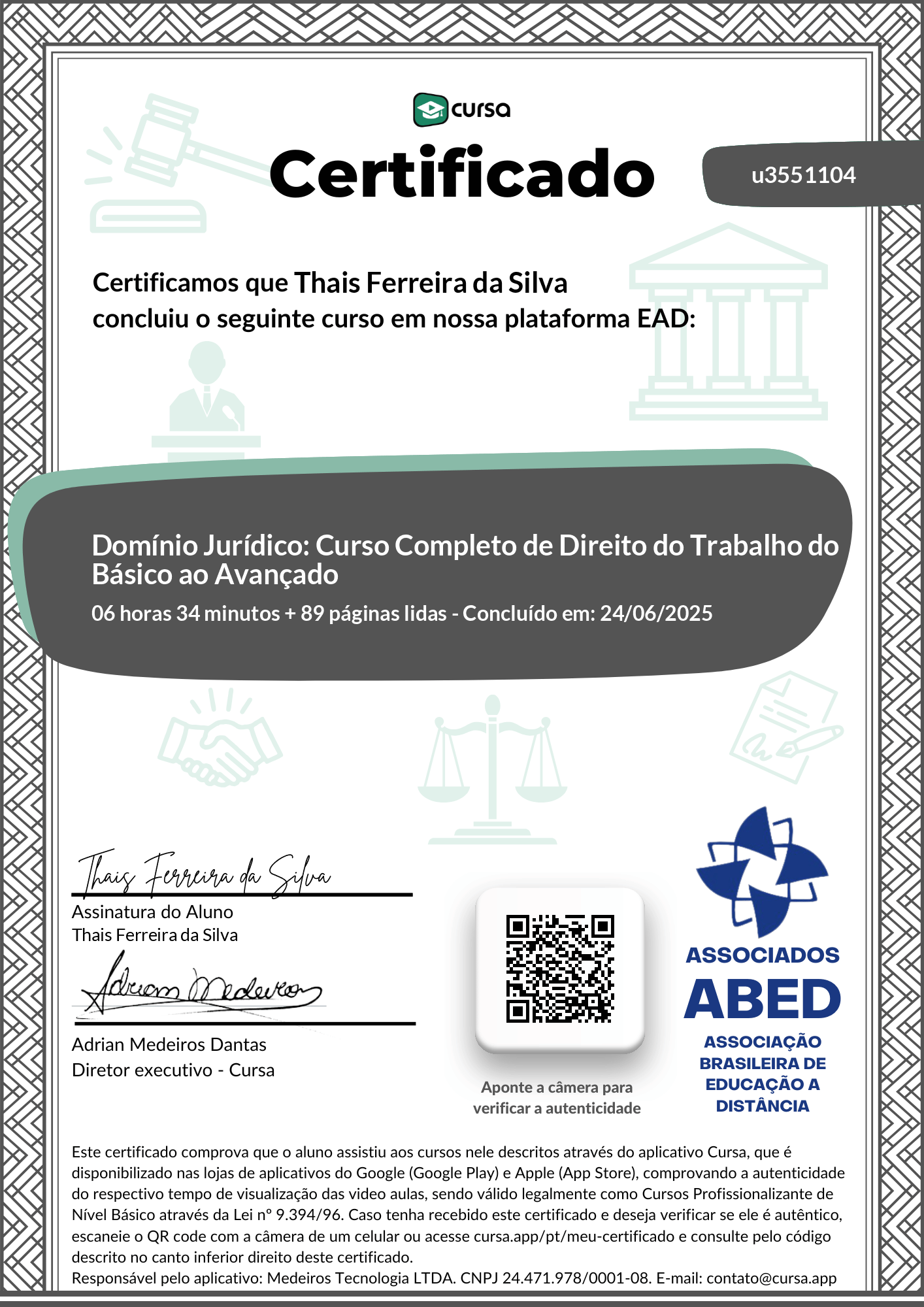 Imagem do meu Certificado gratuito de conclusão de curso.