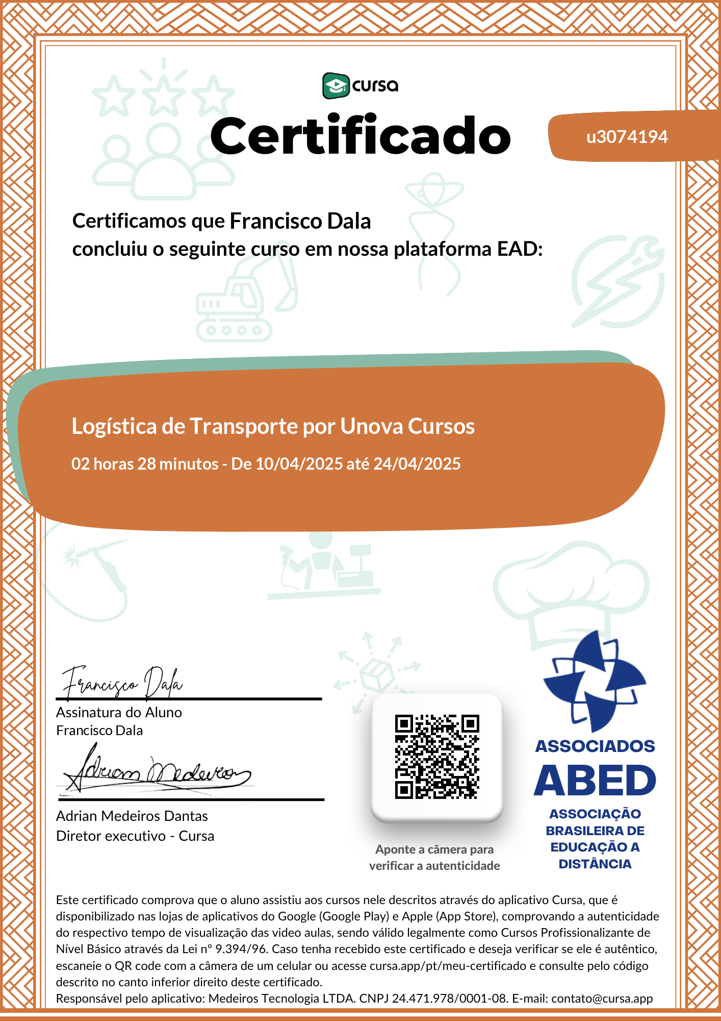 Imagem do meu Certificado gratuito de conclusão de curso.