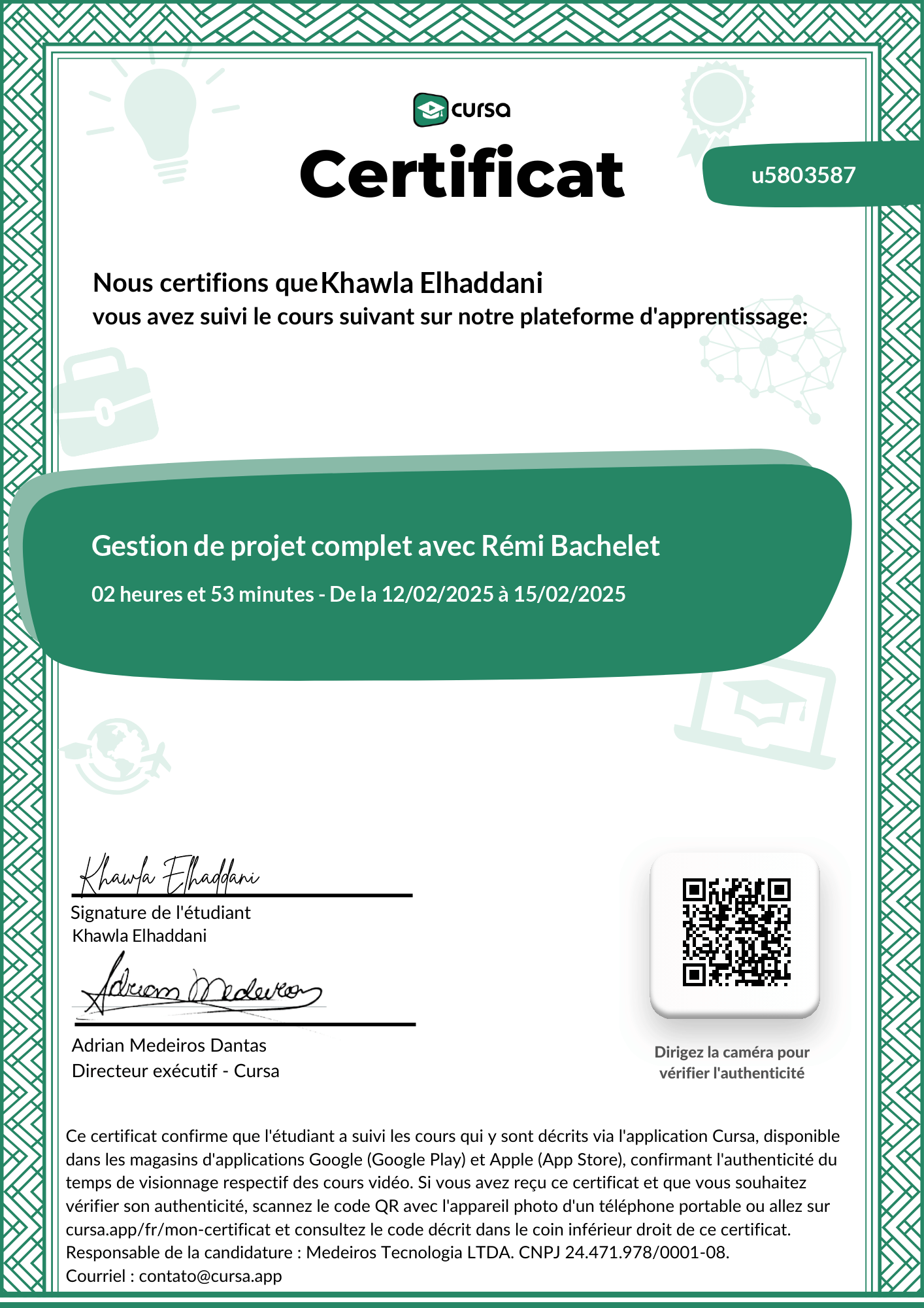 Image de mon certificat de fin de cours gratuit.