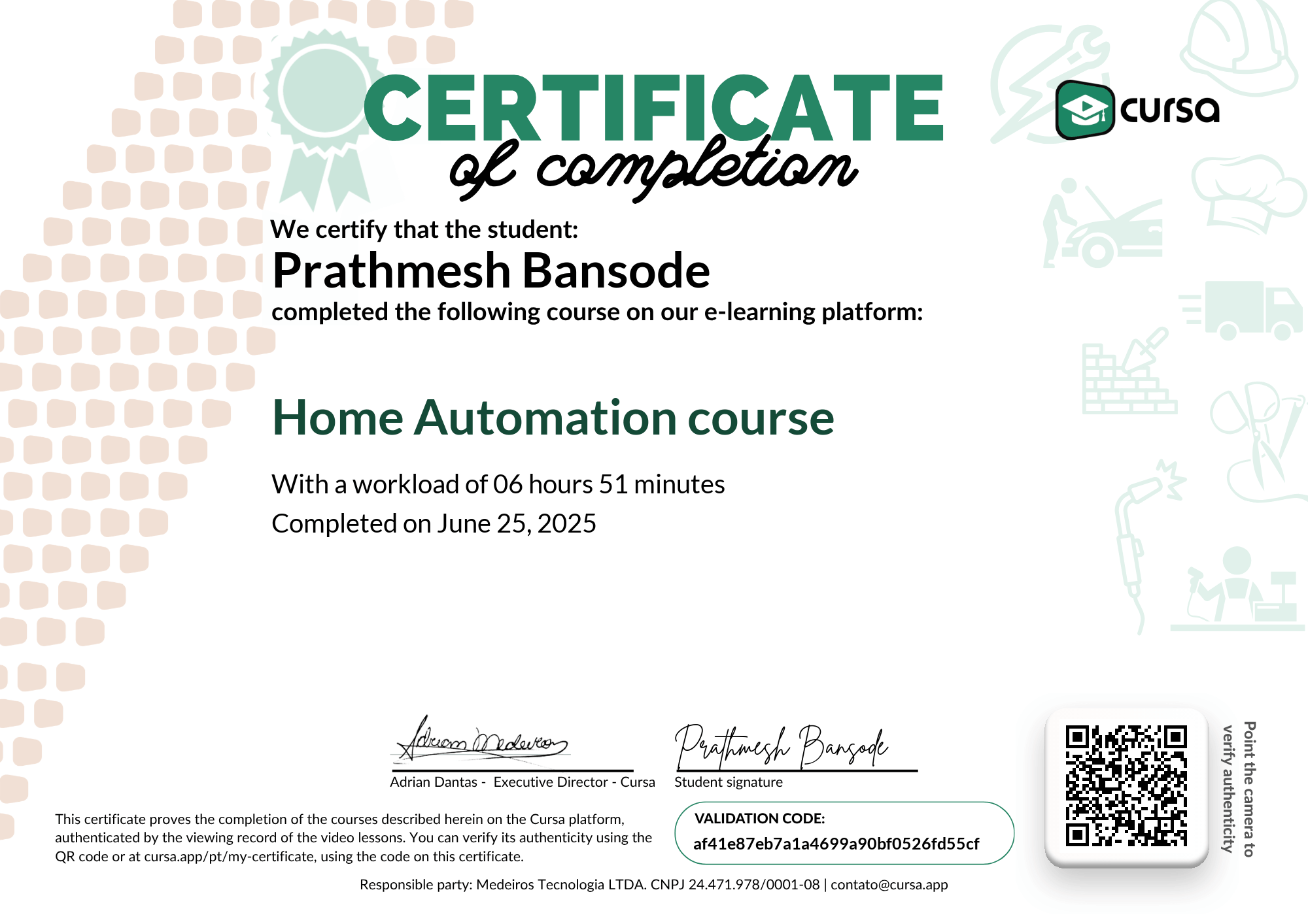 Image of my free Course Completion Certificate.