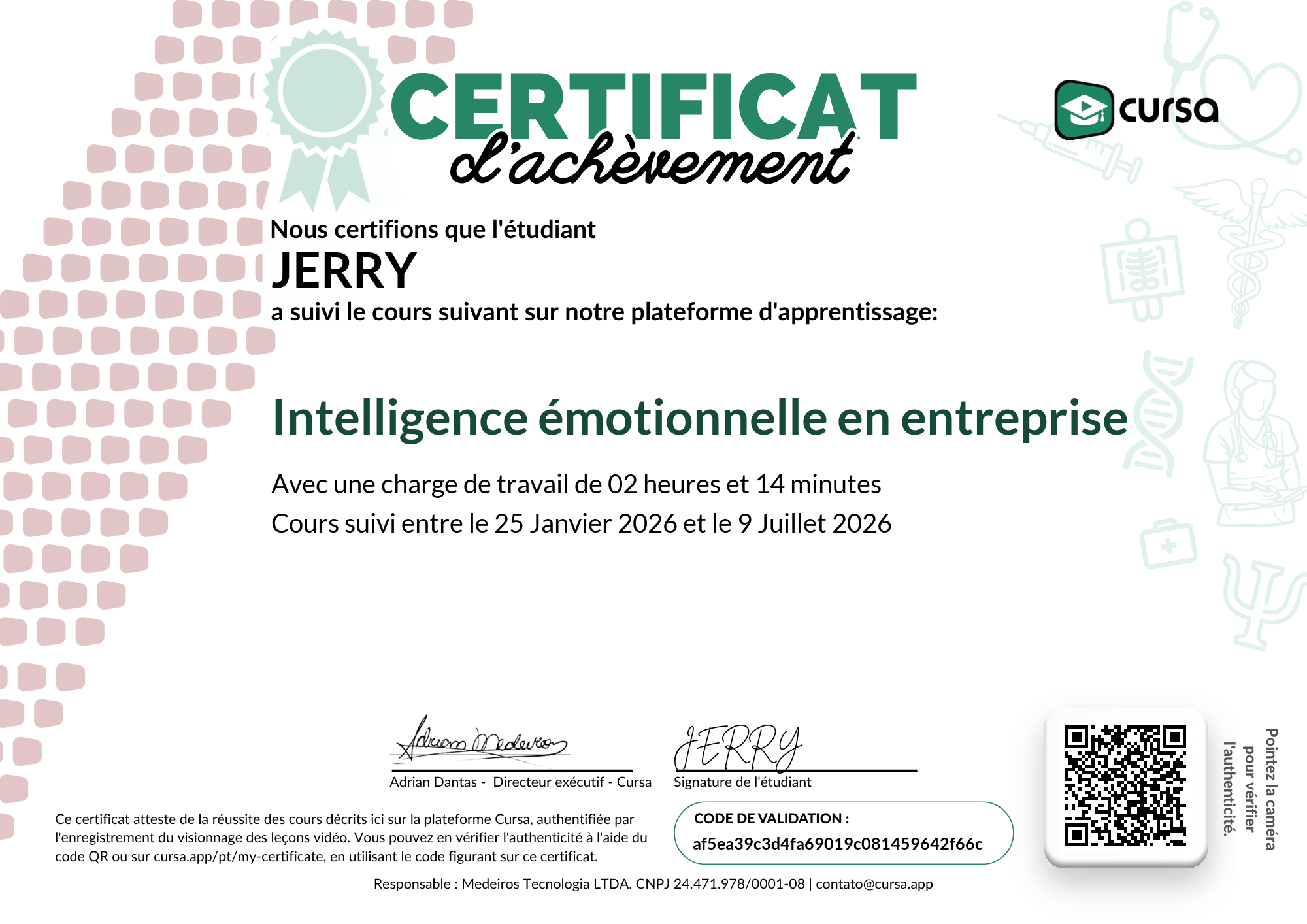 Image de mon certificat de fin de cours gratuit.