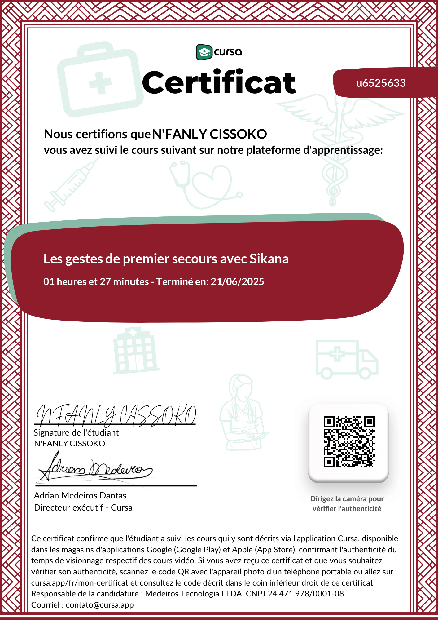 Image de mon certificat de fin de cours gratuit.
