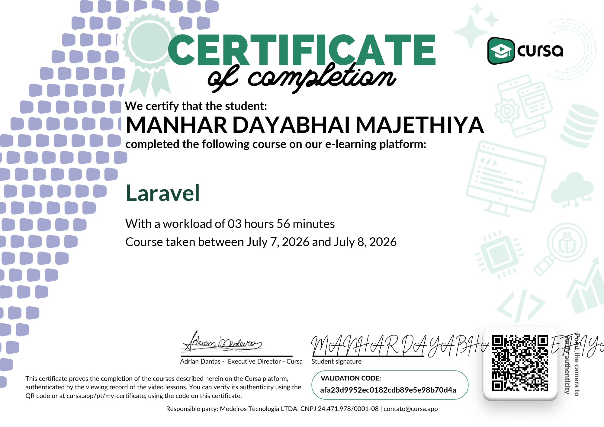 Image of my free Course Completion Certificate.