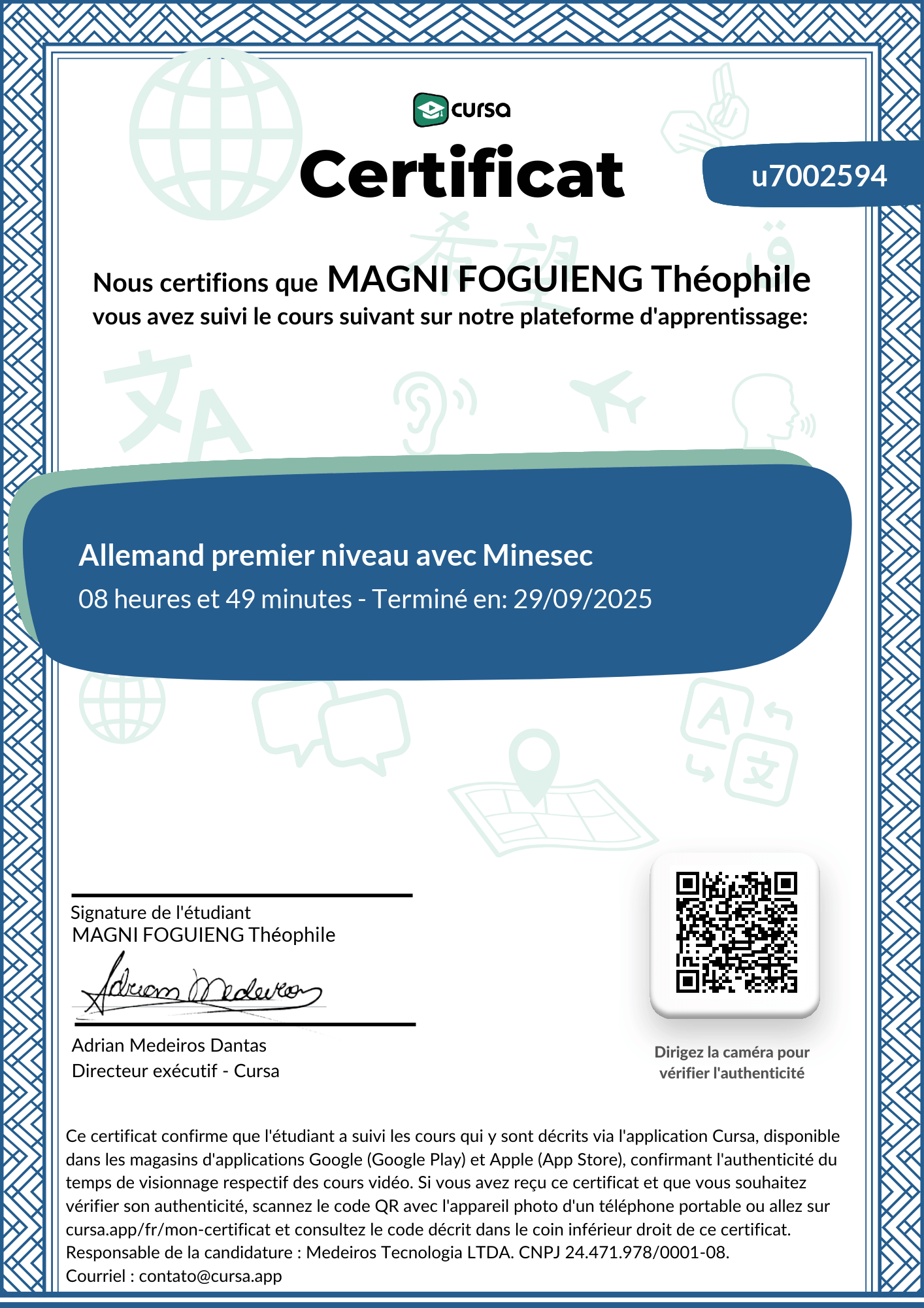 Image de mon certificat de fin de cours gratuit.