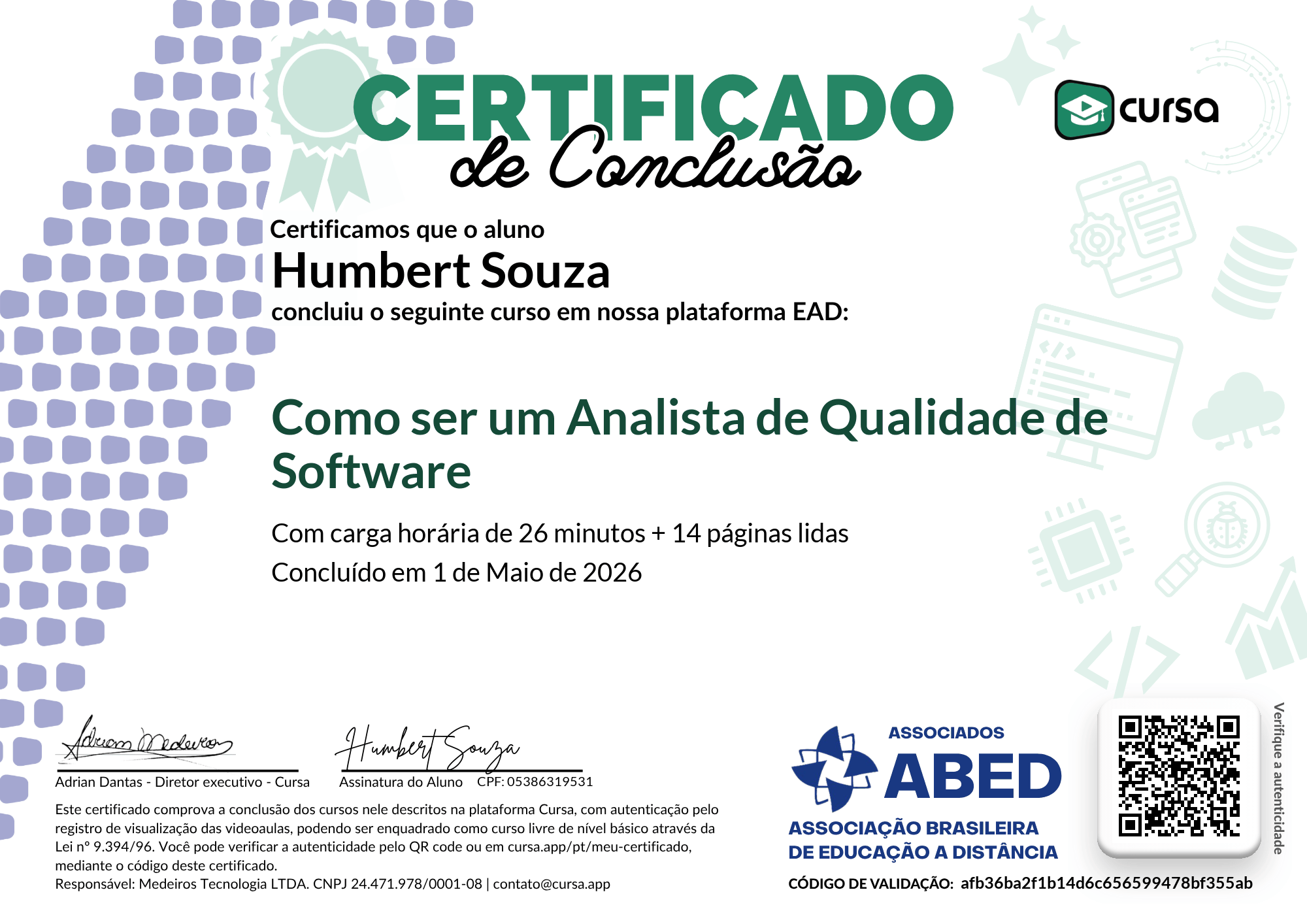 Imagem do meu Certificado gratuito de conclusão de curso.