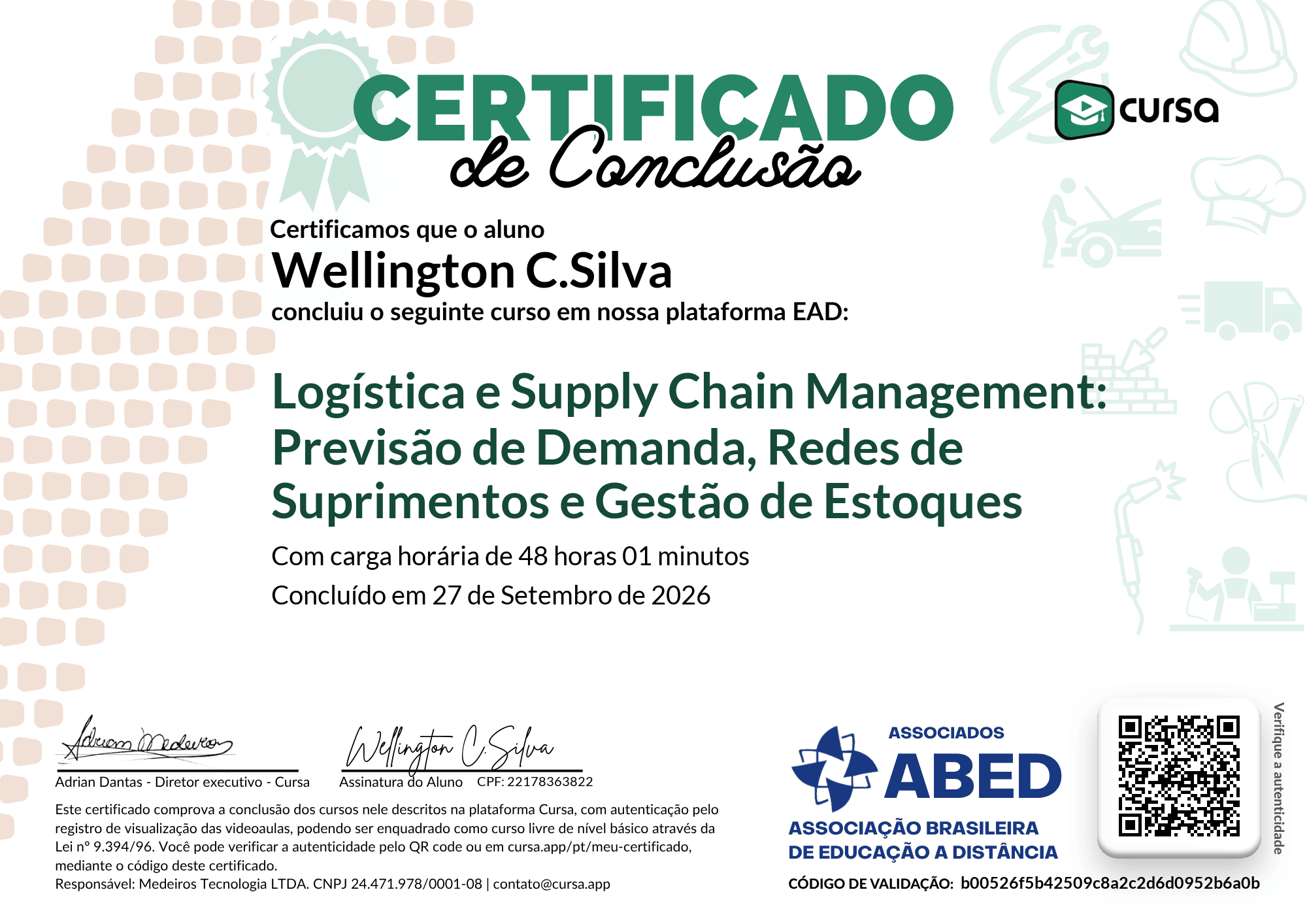 Imagem do meu Certificado gratuito de conclusão de curso.