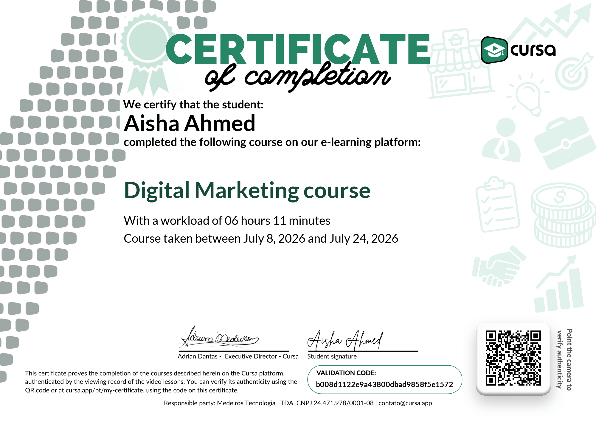 Image of my free Course Completion Certificate.