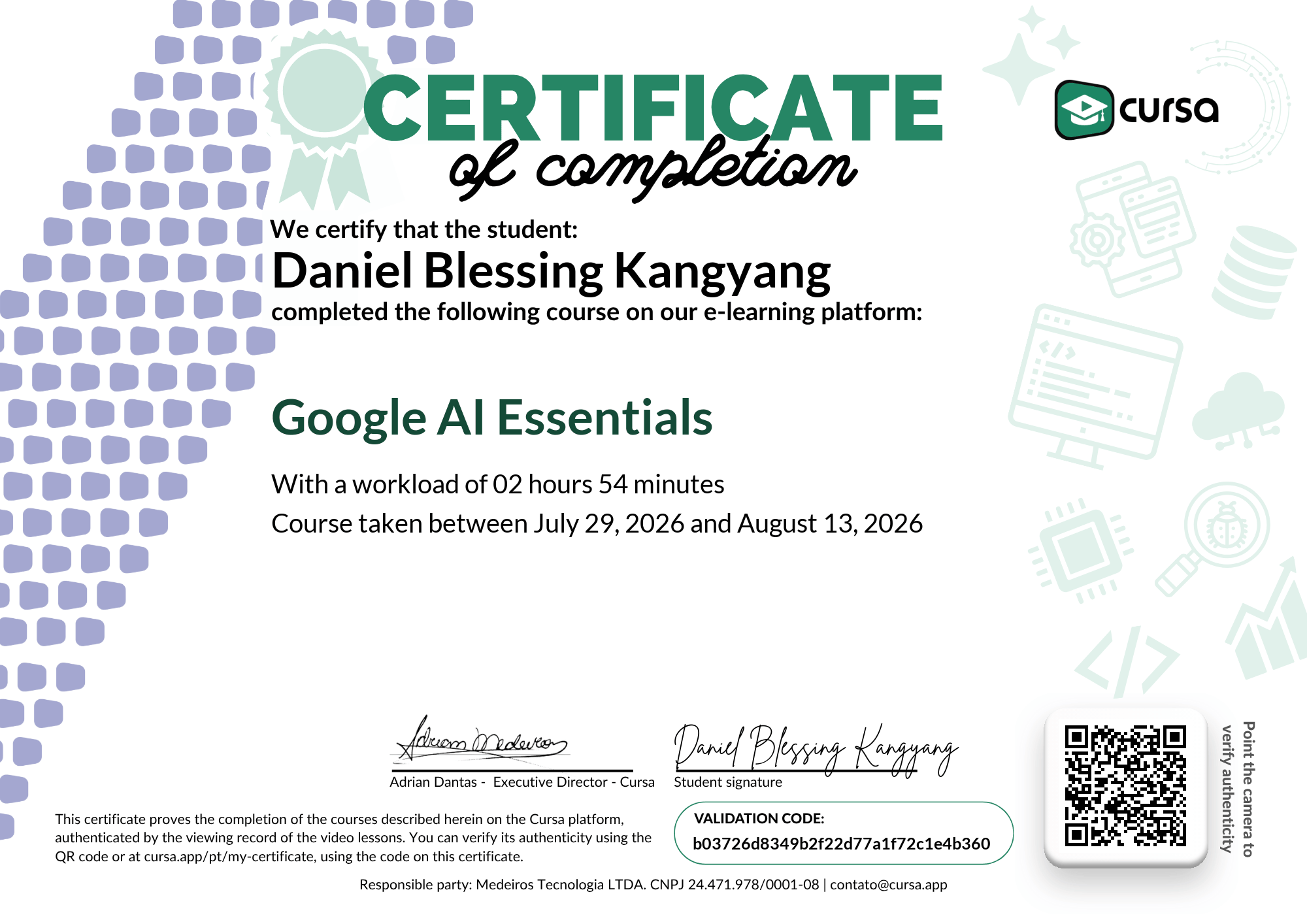 Image of my free Course Completion Certificate.
