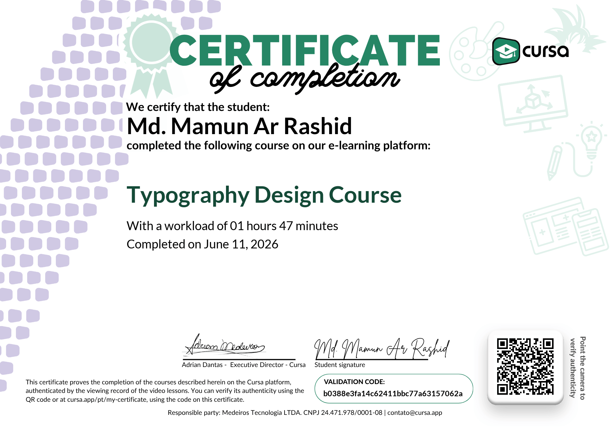 Image of my free Course Completion Certificate.
