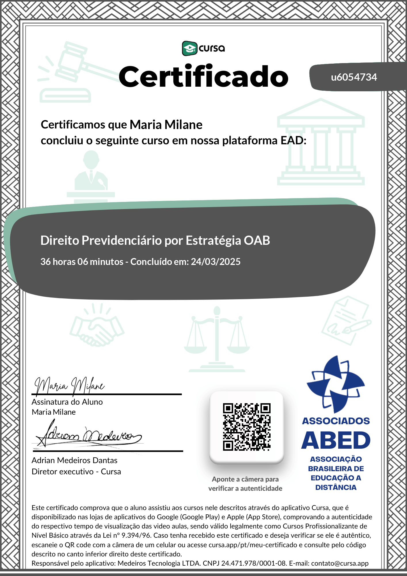 Imagem do meu Certificado gratuito de conclusão de curso.