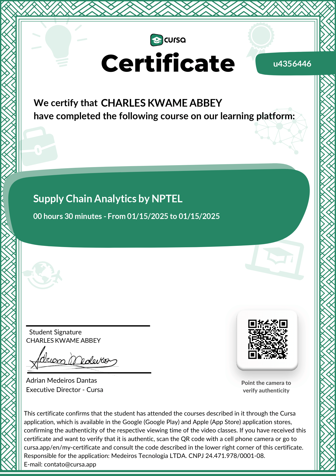 Image of my free Course Completion Certificate.