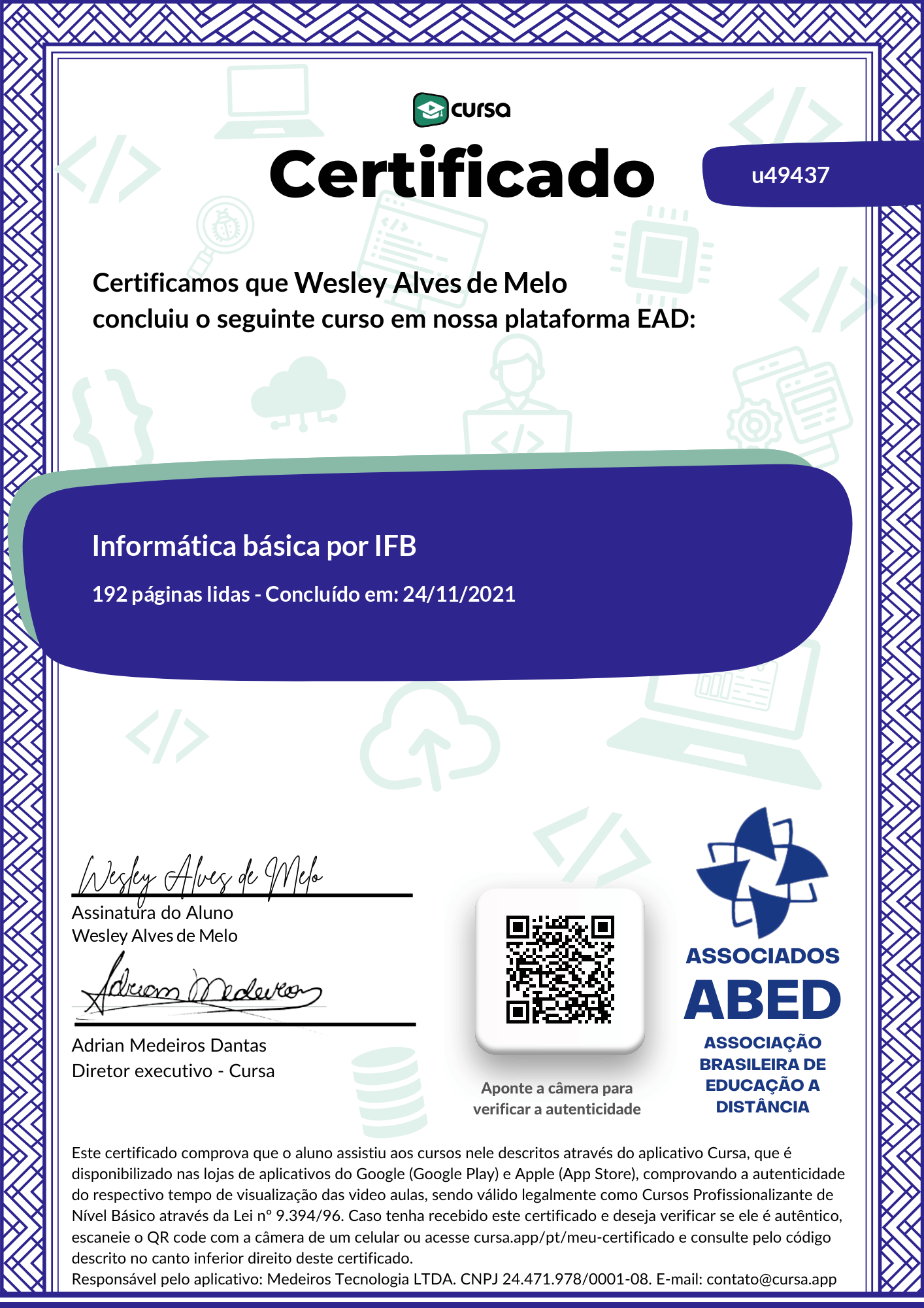 Imagem do meu Certificado gratuito de conclusão de curso.