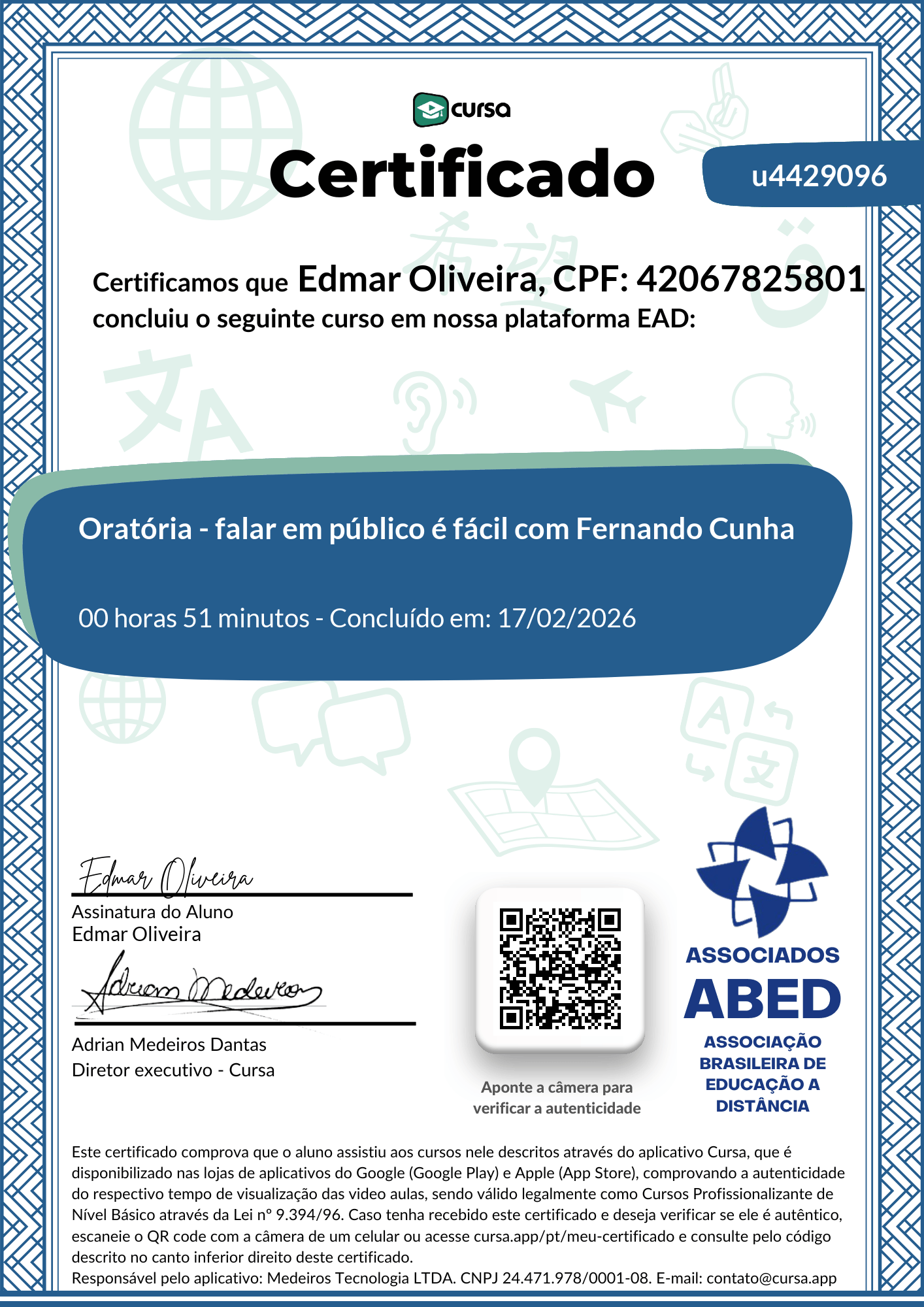 Imagem do meu Certificado gratuito de conclusão de curso.