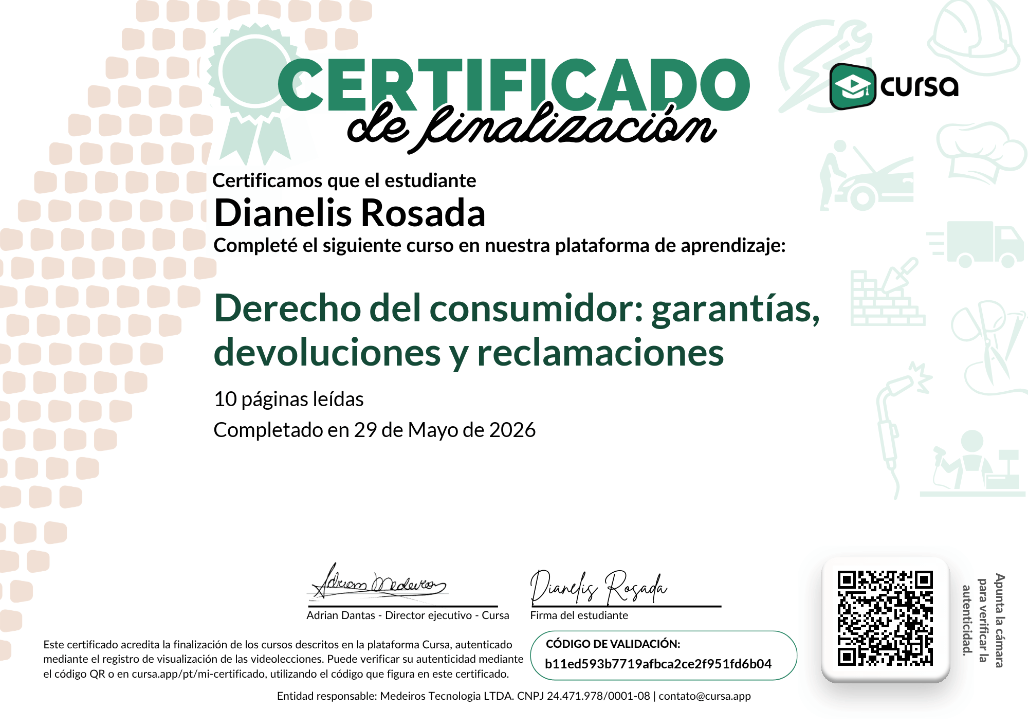 Imagen de mi Certificado de finalización del curso gratuito.