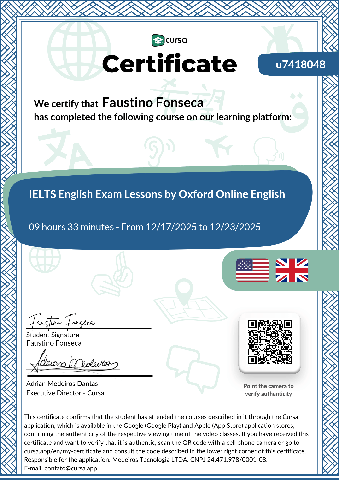 Image of my free Course Completion Certificate.
