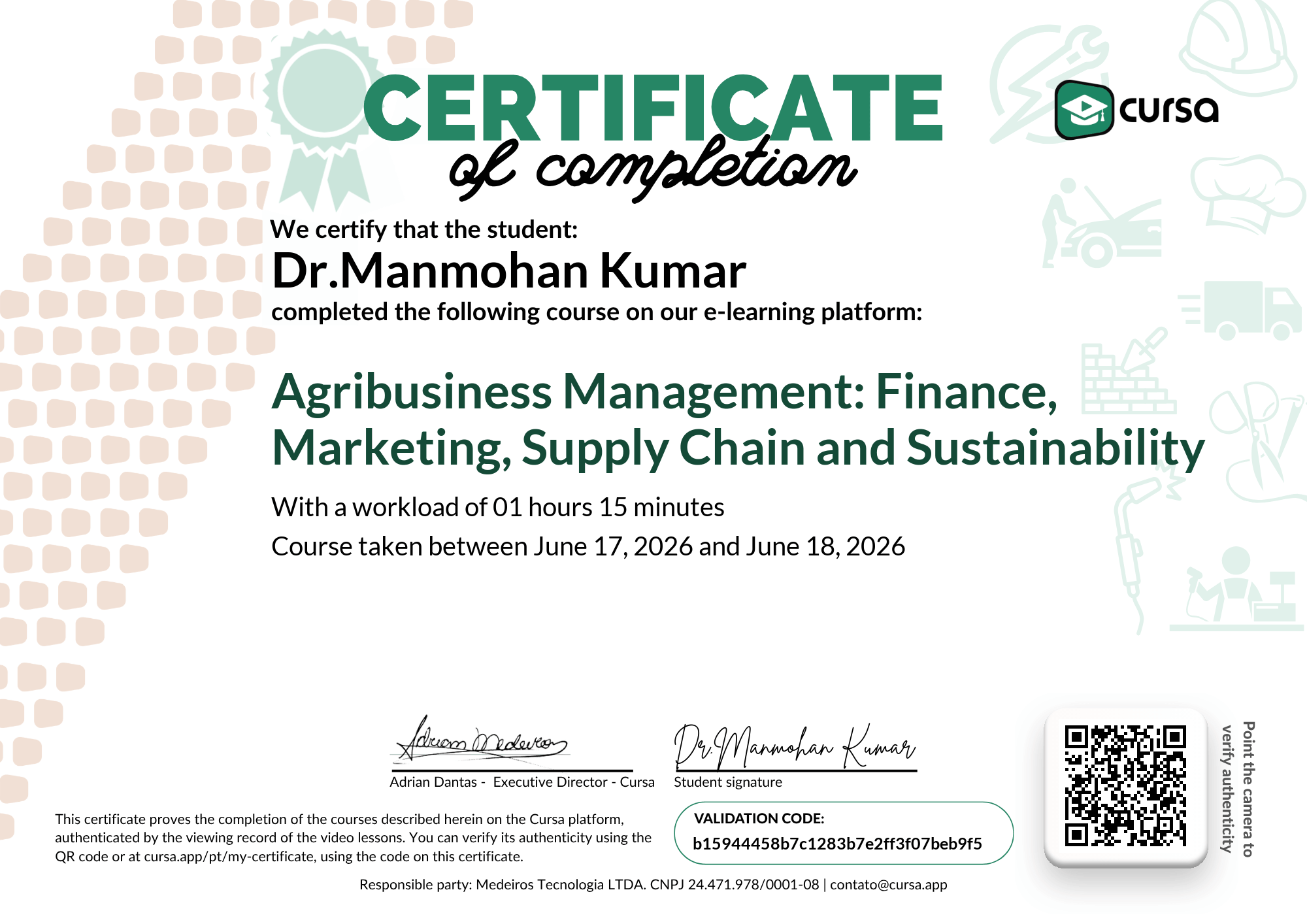 Image of my free Course Completion Certificate.