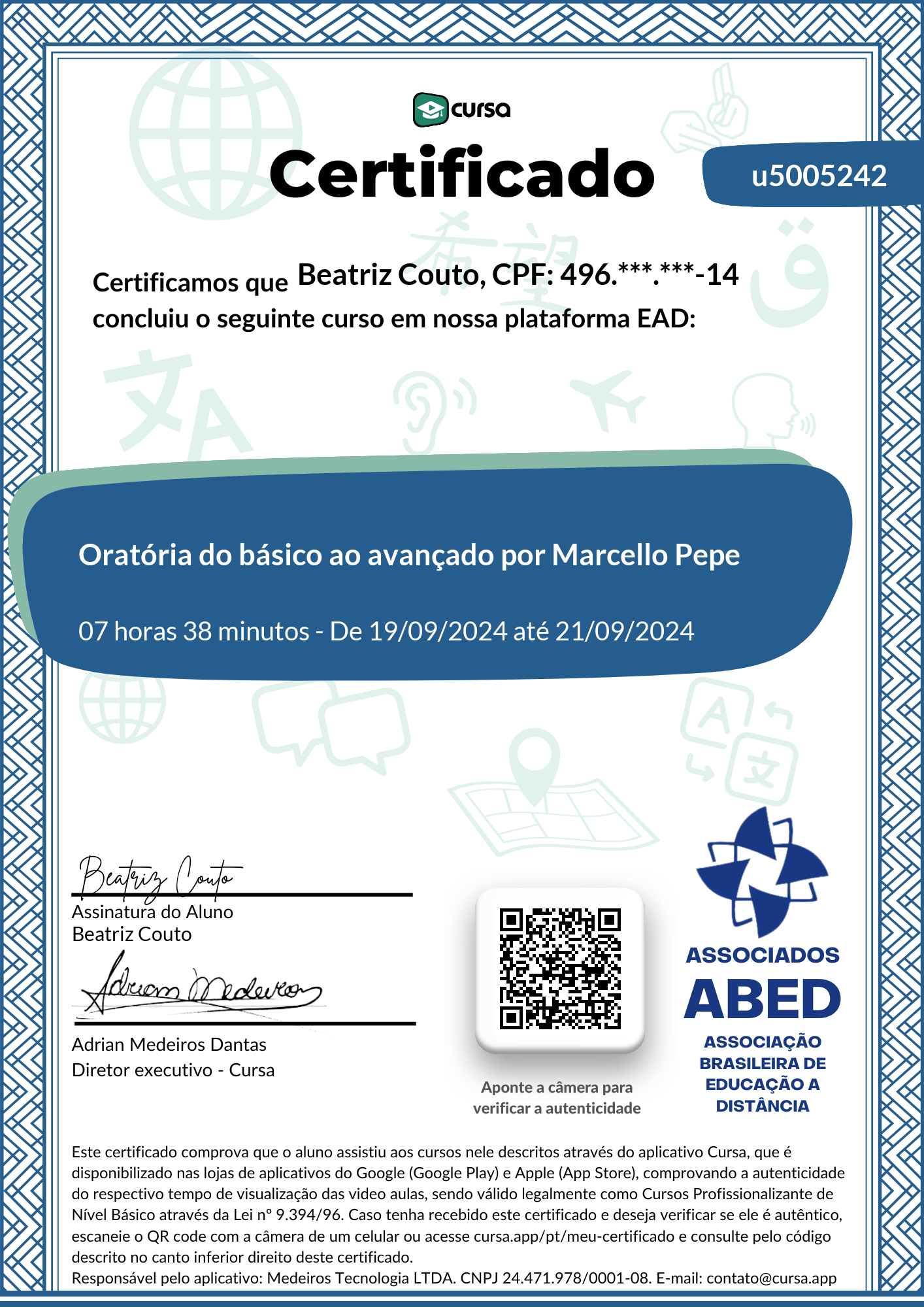 Imagem do meu Certificado gratuito de conclusão de curso.