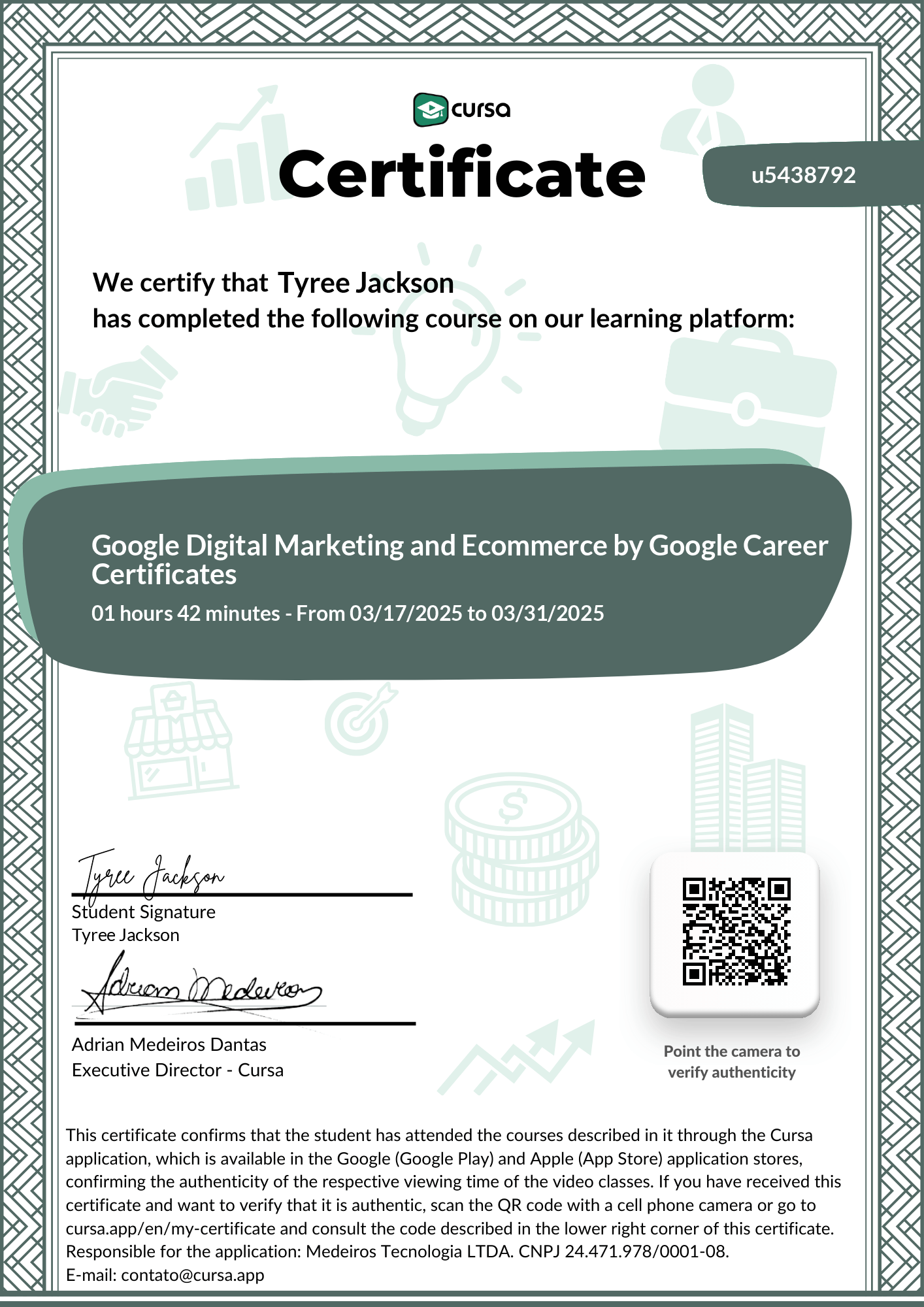 Image of my free Course Completion Certificate.