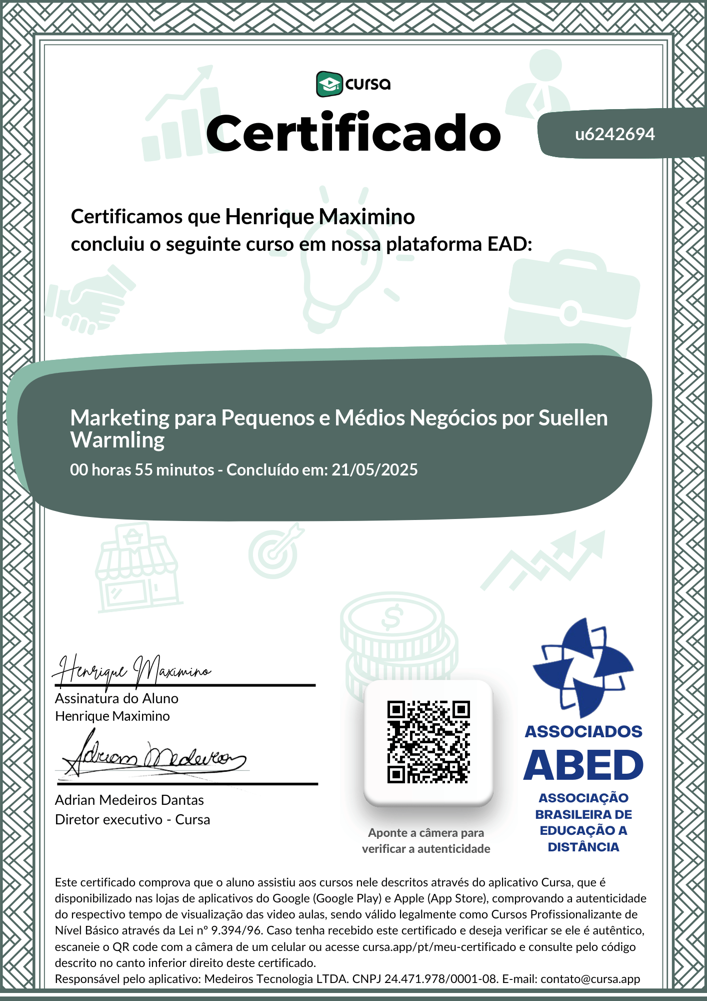 Imagem do meu Certificado gratuito de conclusão de curso.