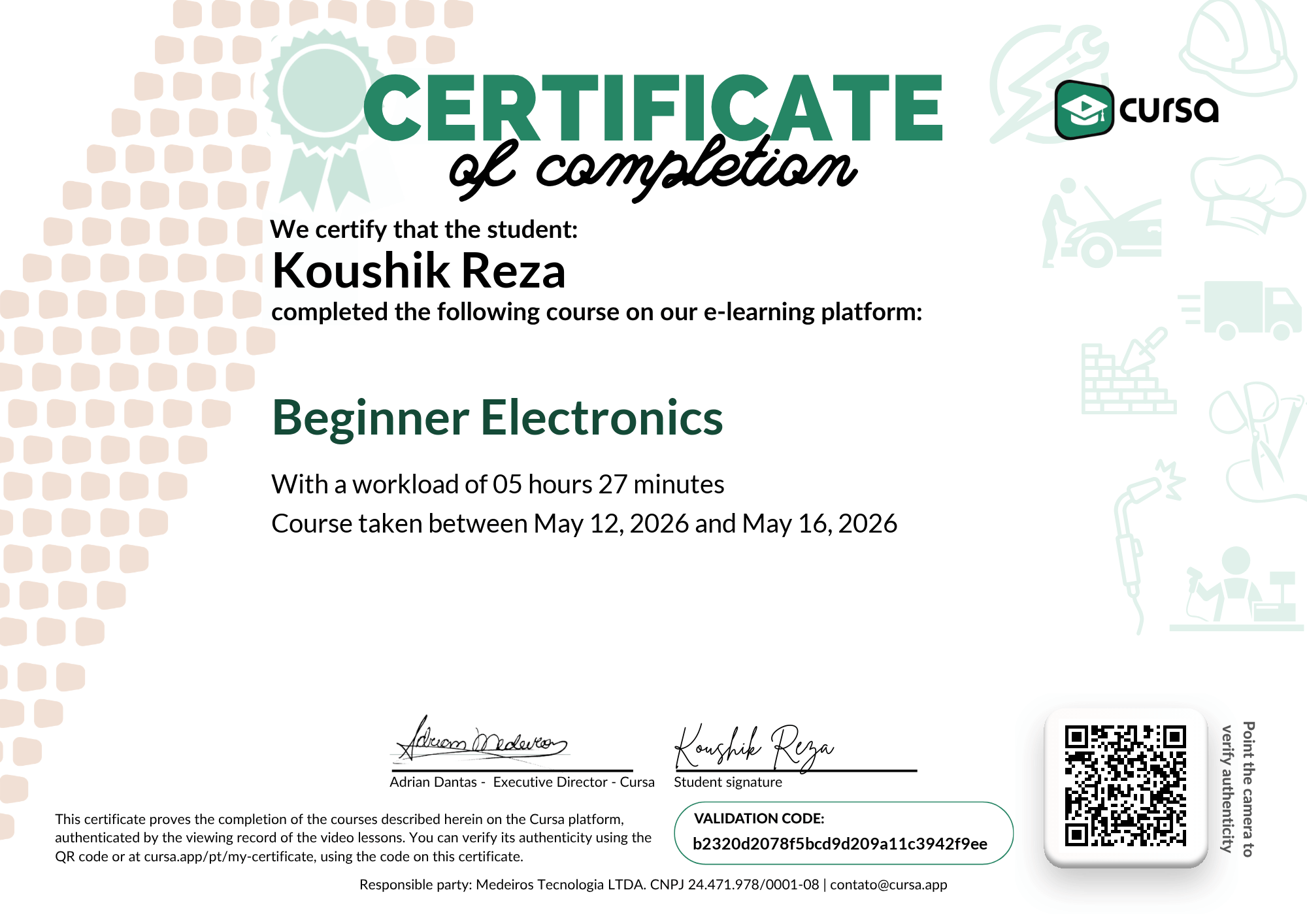 Image of my free Course Completion Certificate.