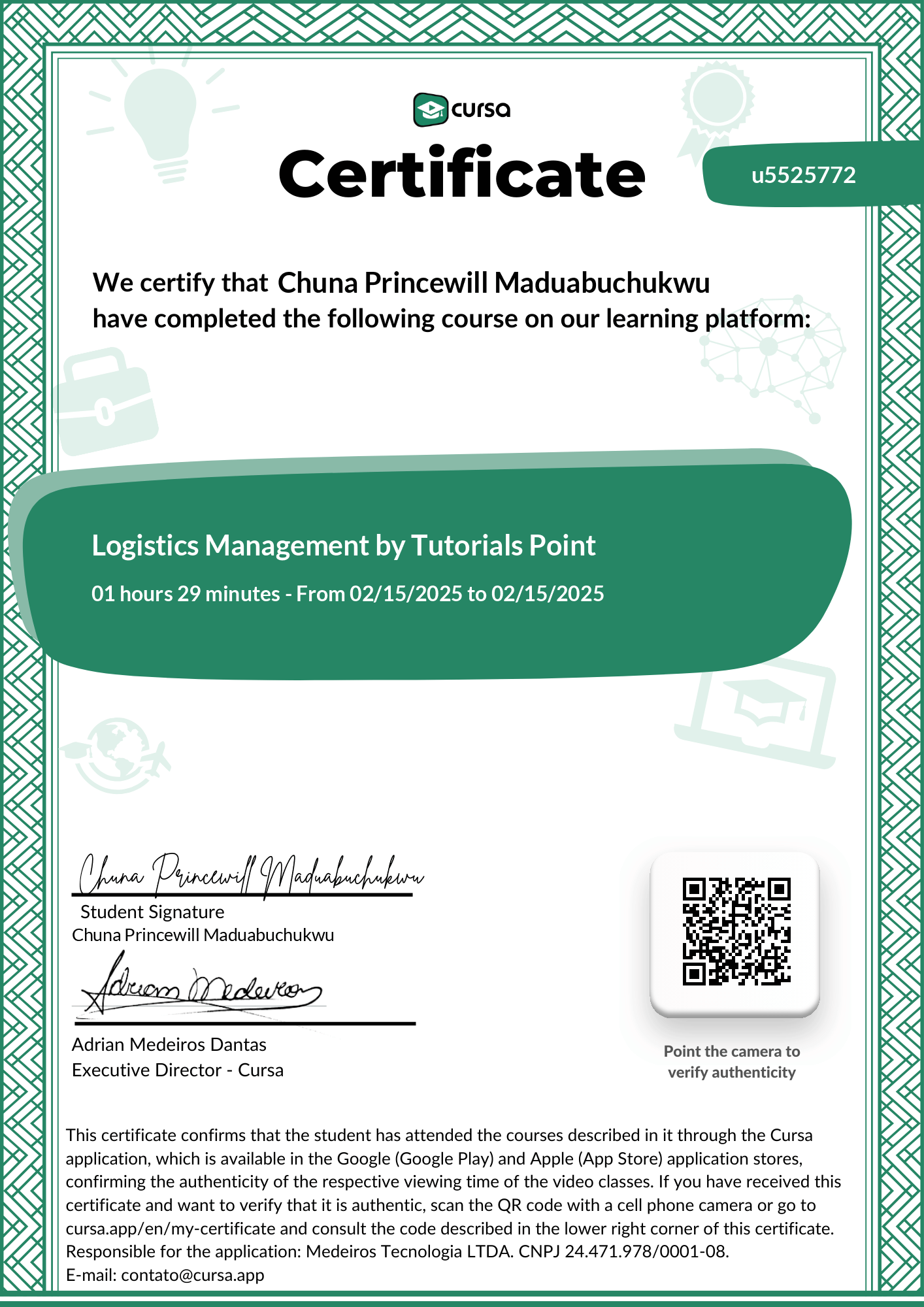 Image of my free Course Completion Certificate.