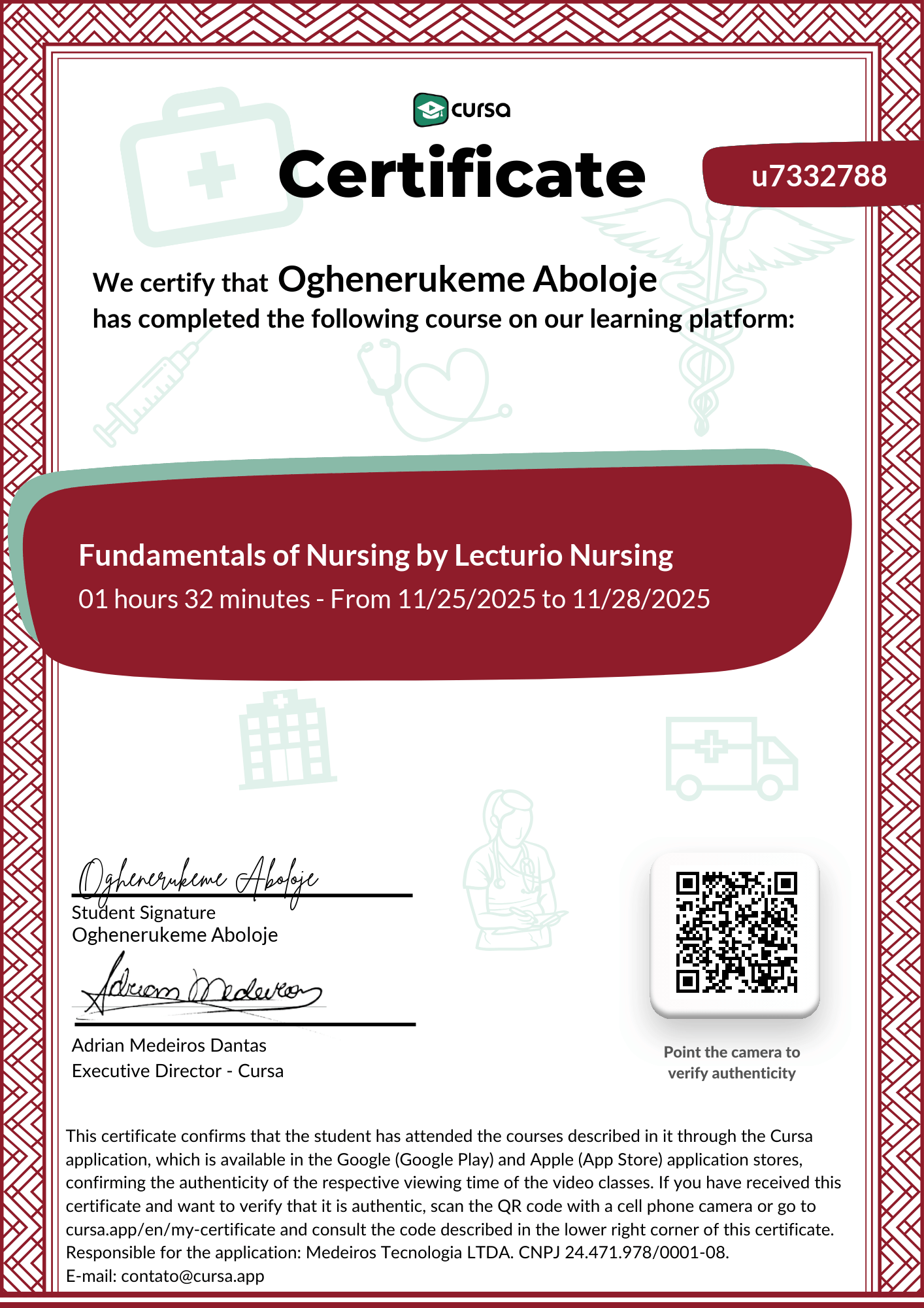 Image of my free Course Completion Certificate.