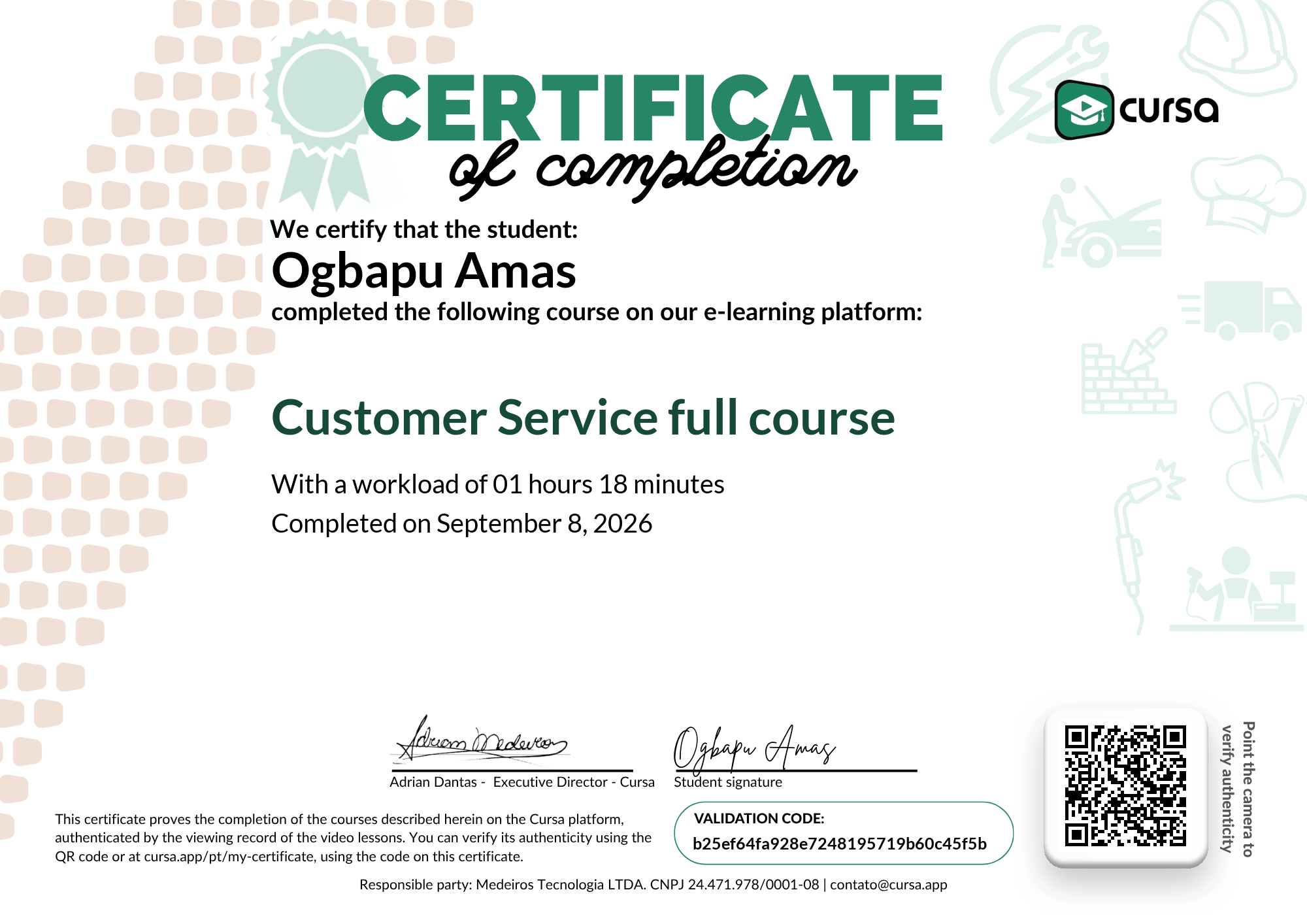 Image of my free Course Completion Certificate.