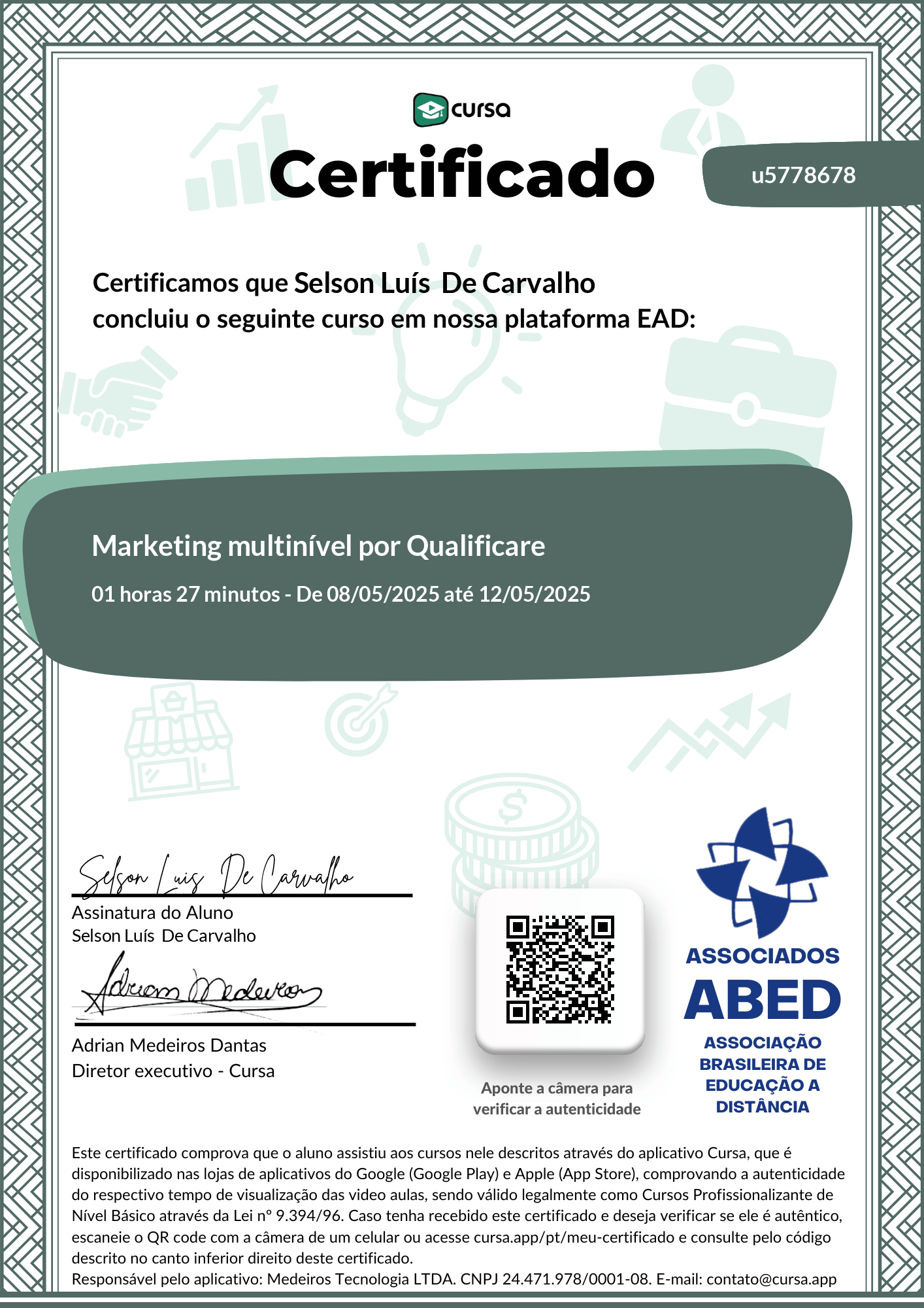 Imagem do meu Certificado gratuito de conclusão de curso.