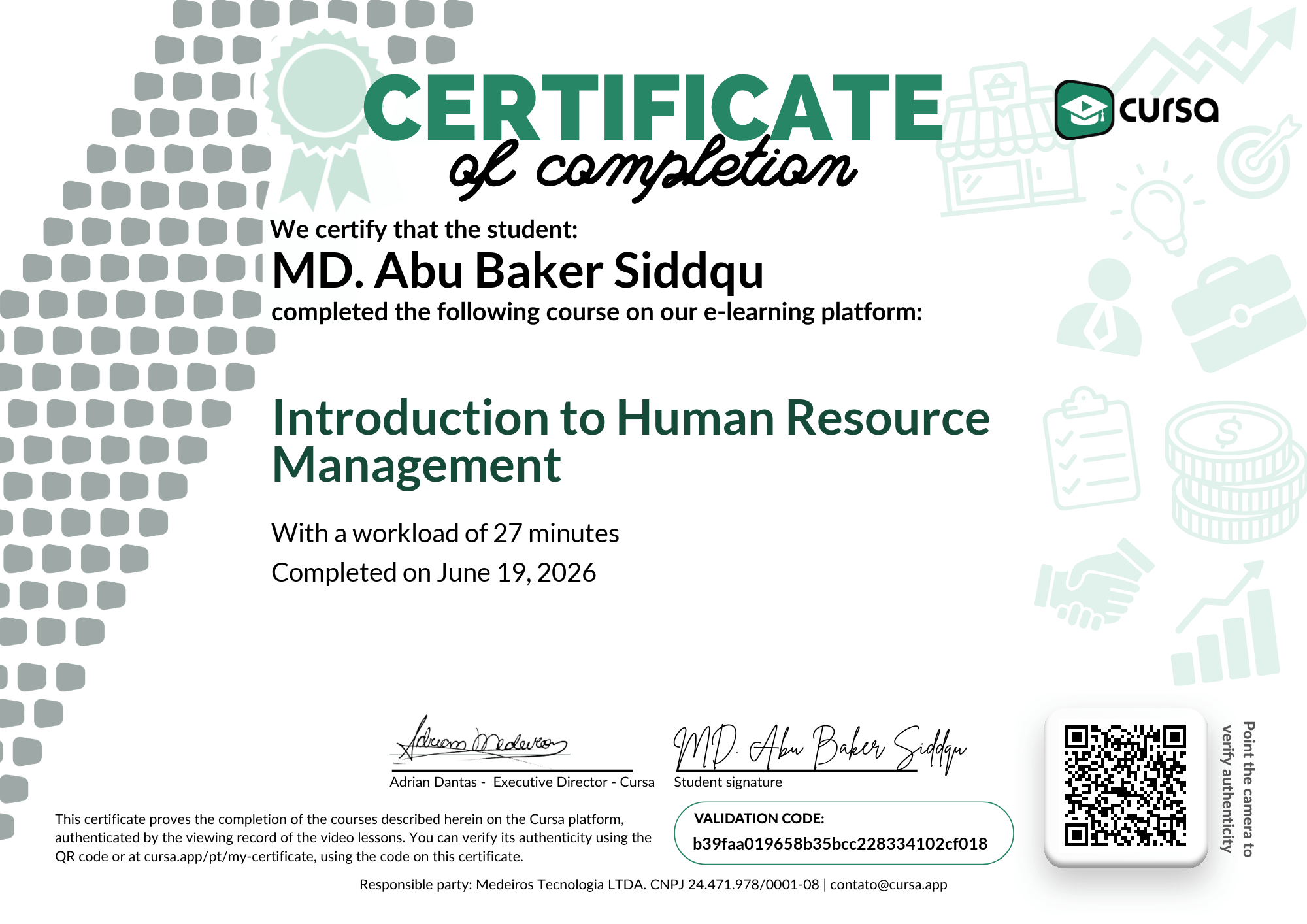 Image of my free Course Completion Certificate.
