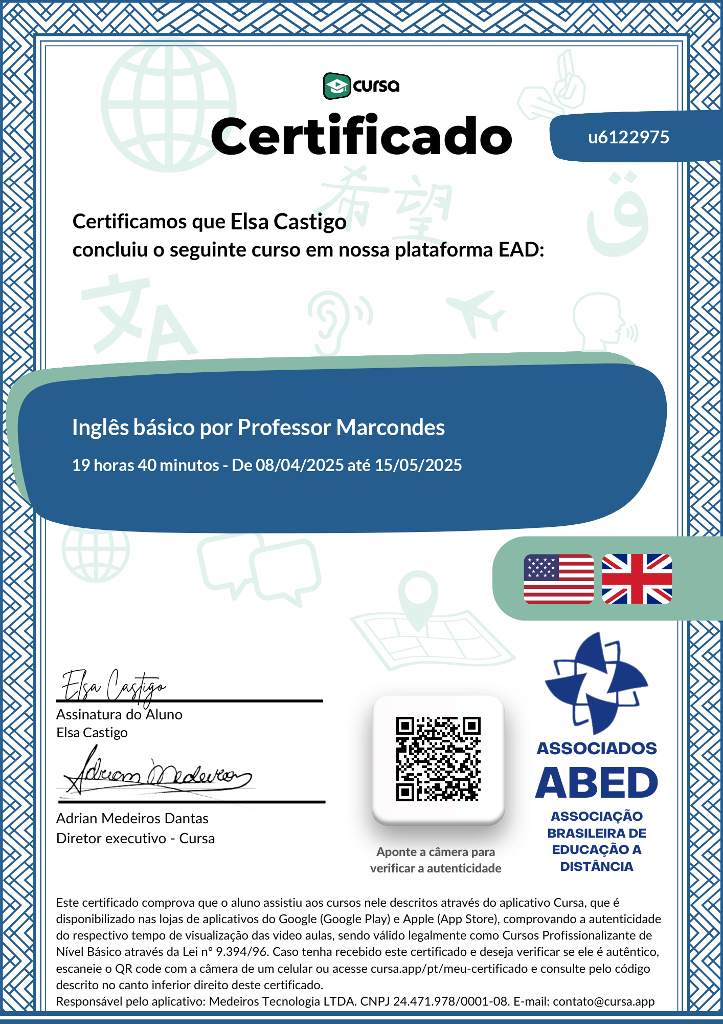 Imagem do meu Certificado gratuito de conclusão de curso.