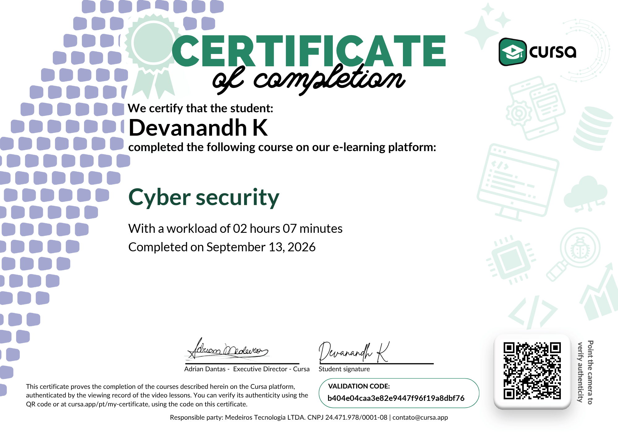 Image of my free Course Completion Certificate.