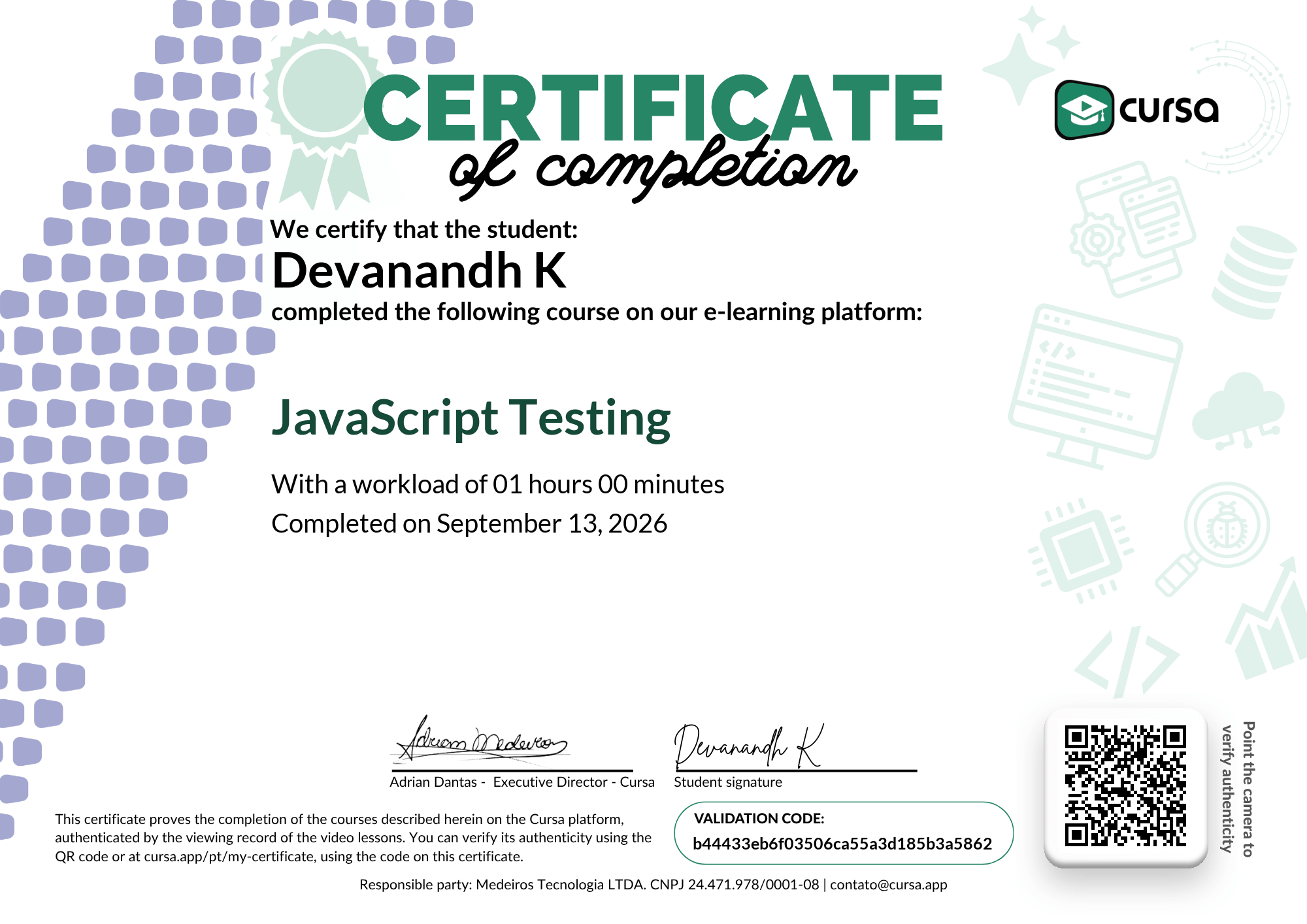 Image of my free Course Completion Certificate.