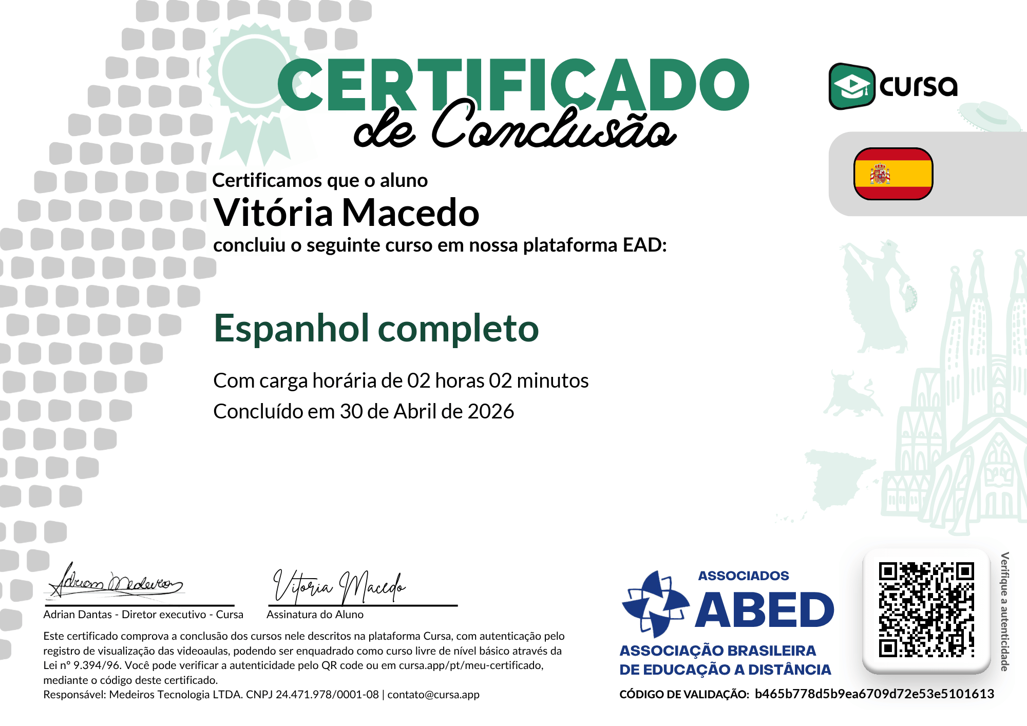 Imagem do meu Certificado gratuito de conclusão de curso.