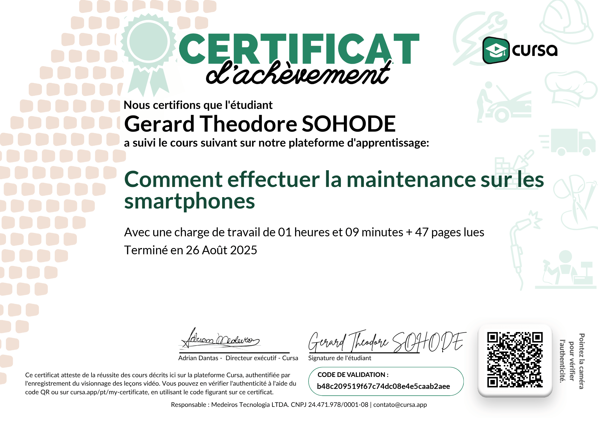 Image de mon certificat de fin de cours gratuit.