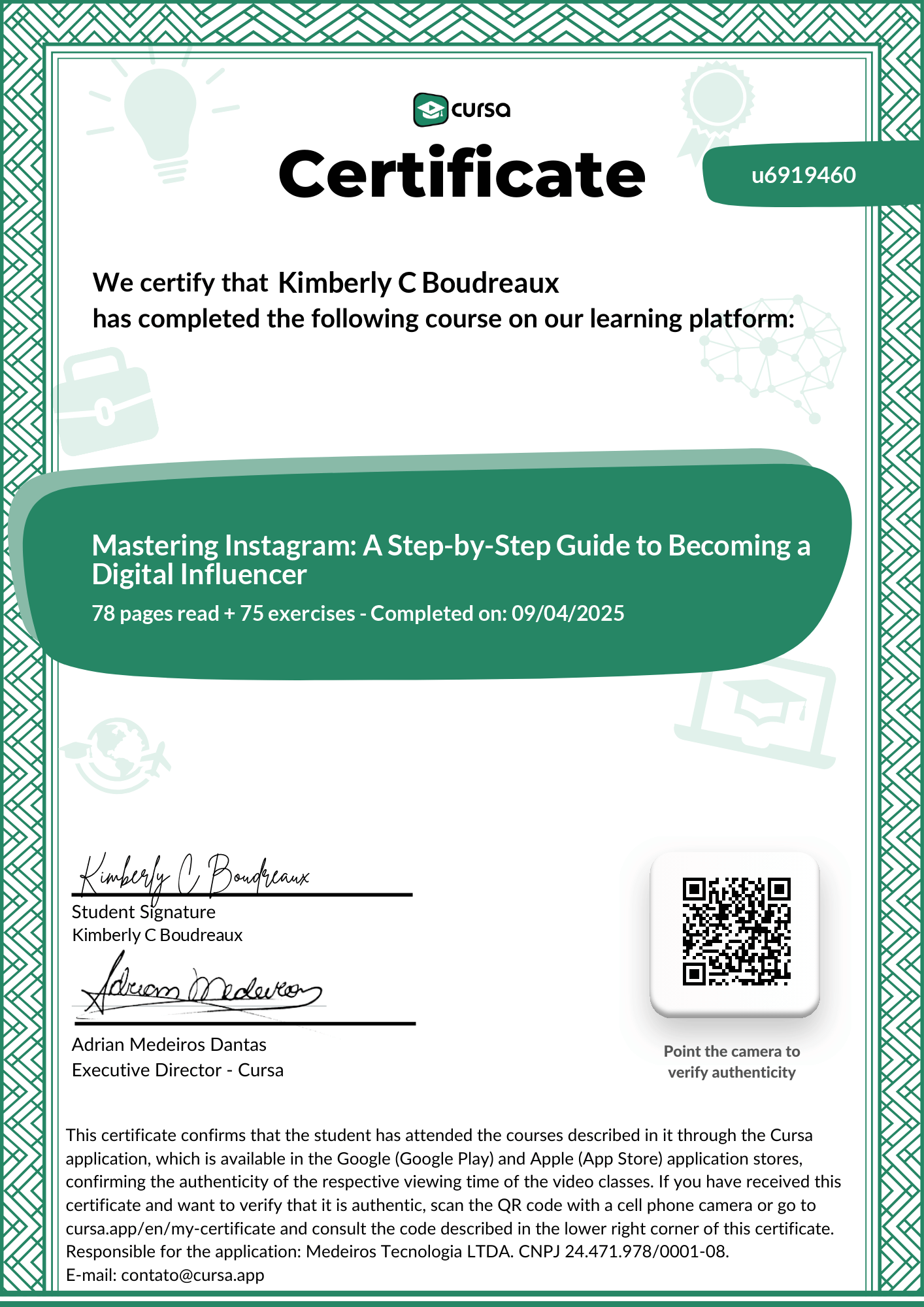 Image of my free Course Completion Certificate.