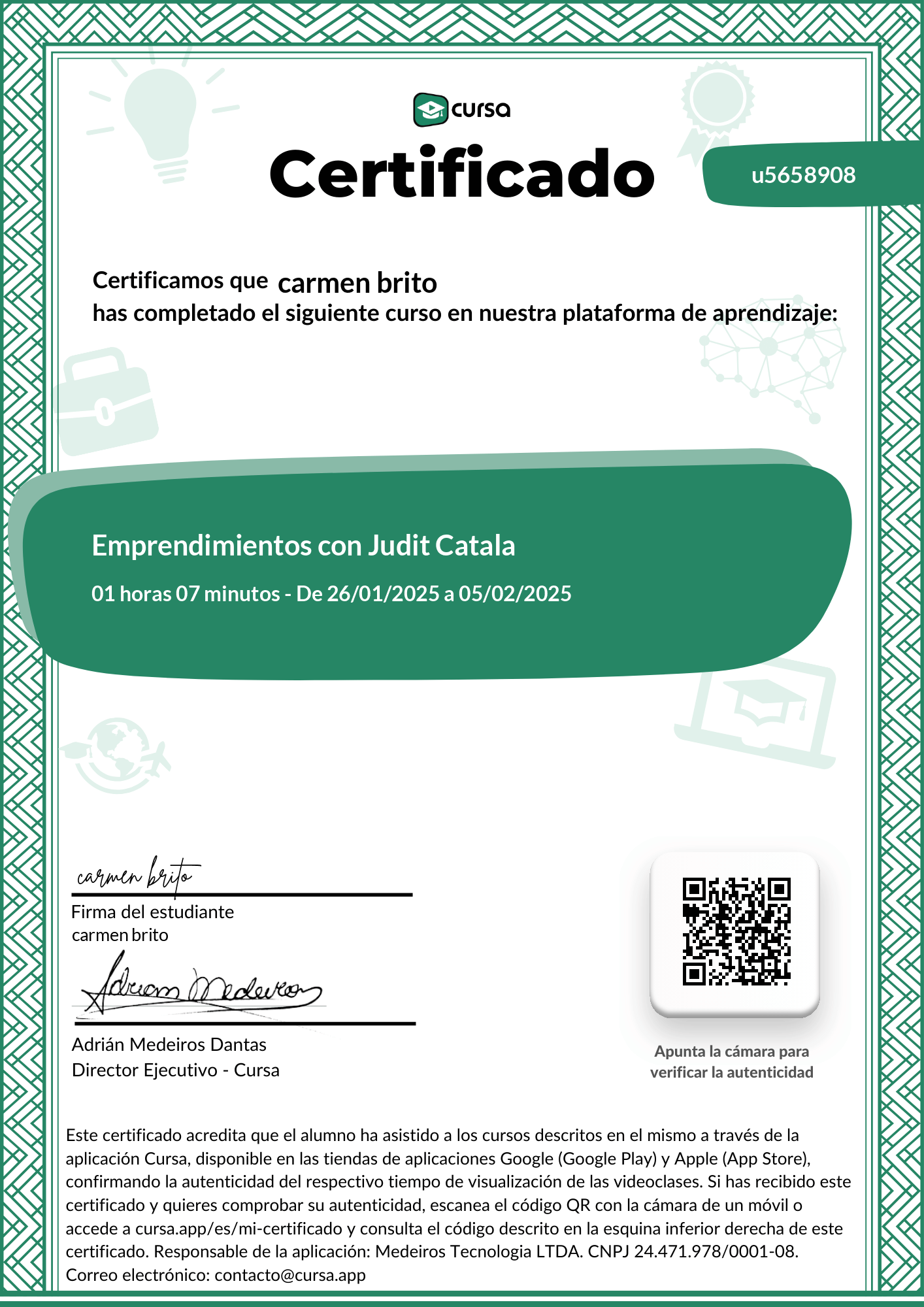 Imagen de mi Certificado de finalización del curso gratuito.