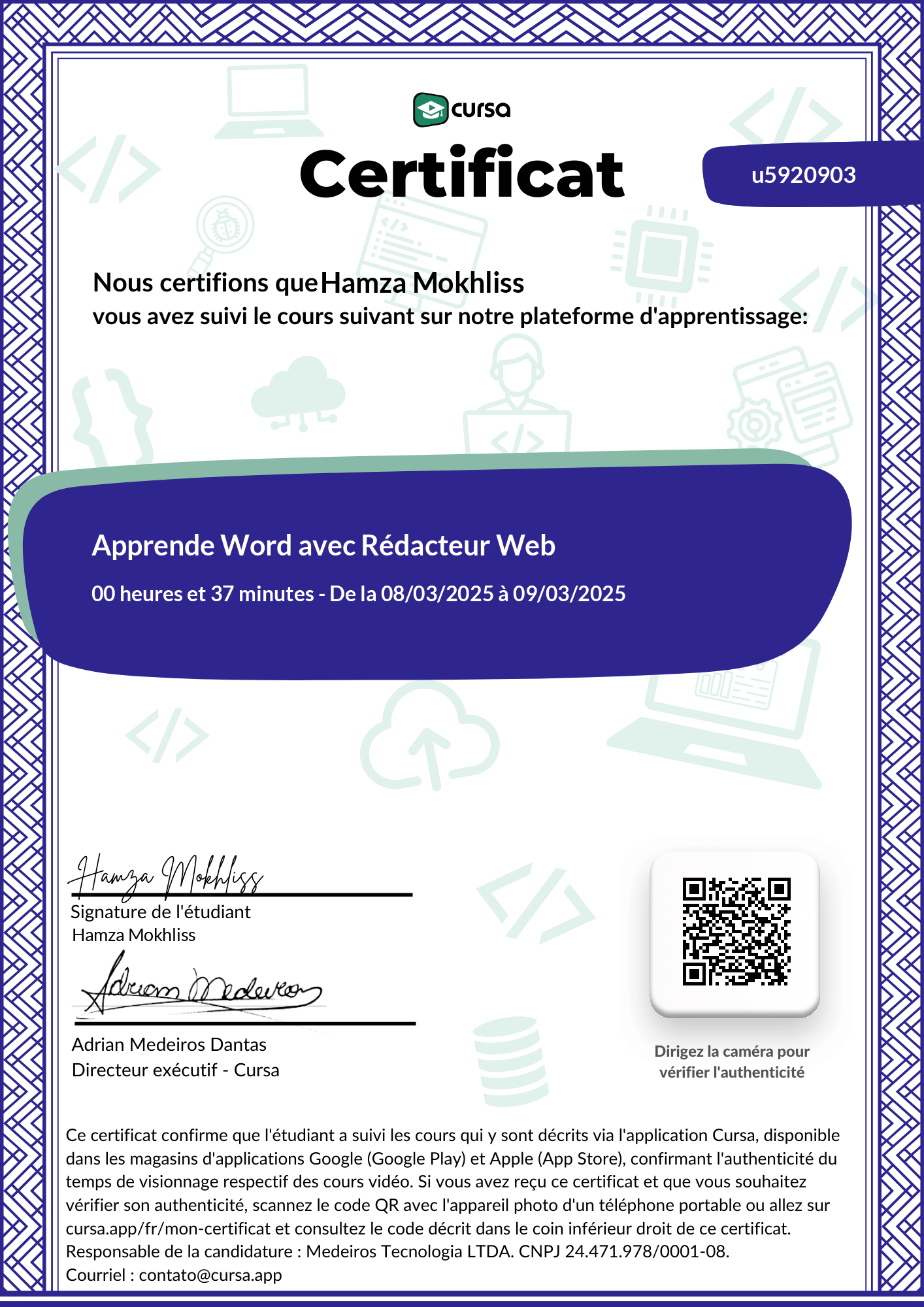 Image de mon certificat de fin de cours gratuit.