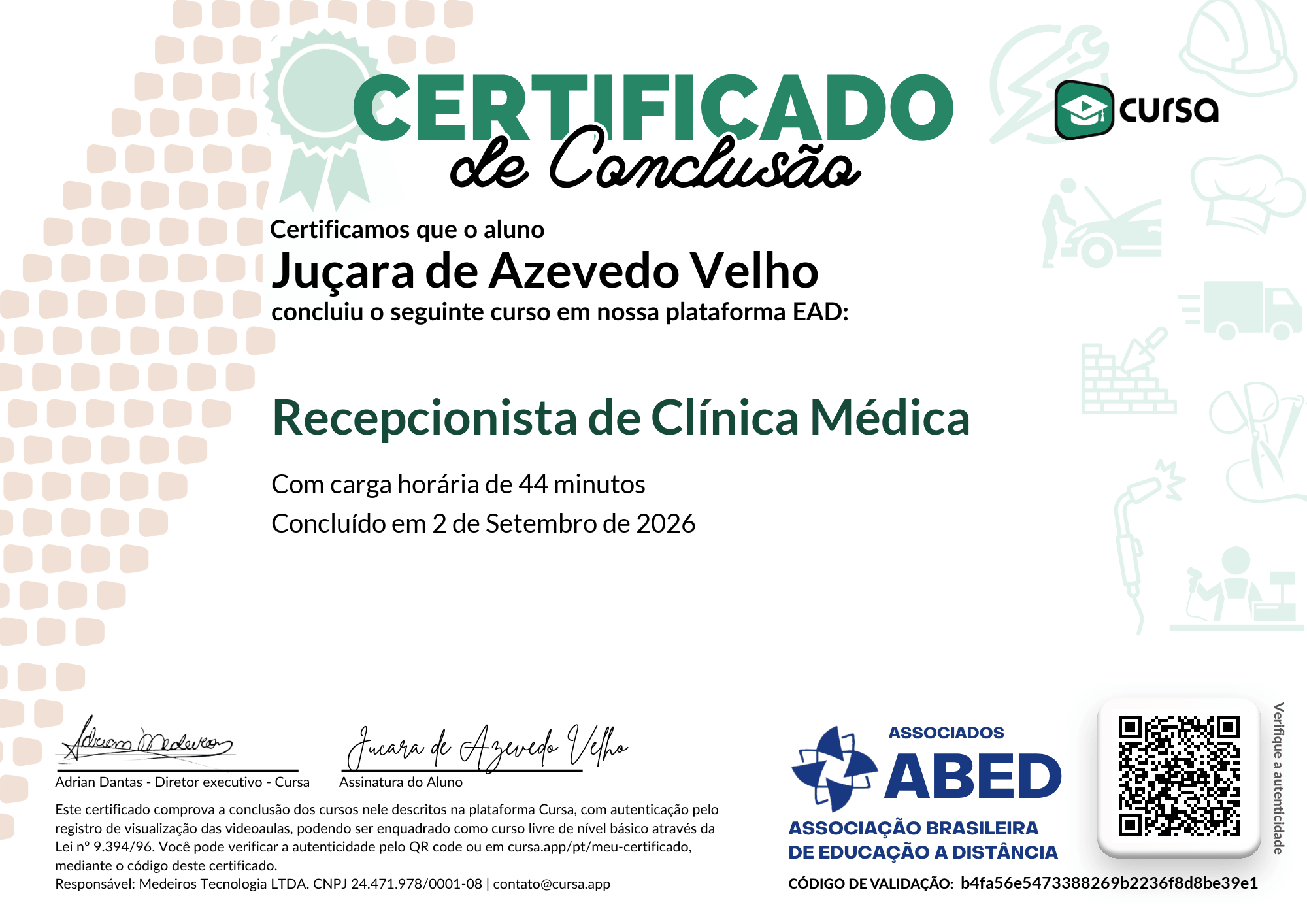 Imagem do meu Certificado gratuito de conclusão de curso.