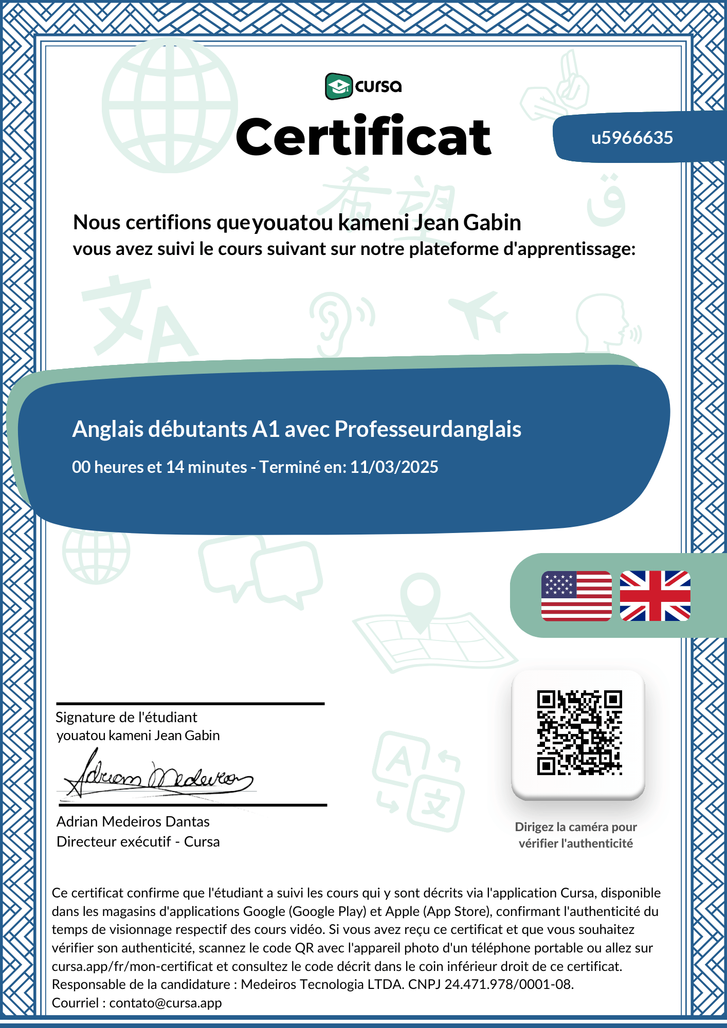 Image de mon certificat de fin de cours gratuit.