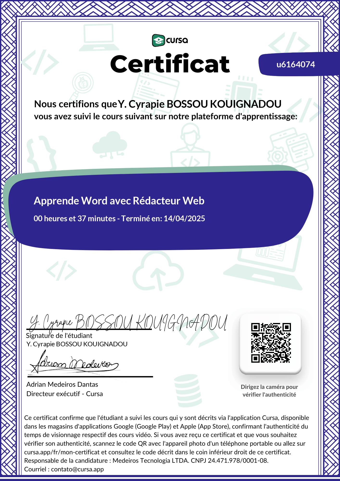 Image de mon certificat de fin de cours gratuit.